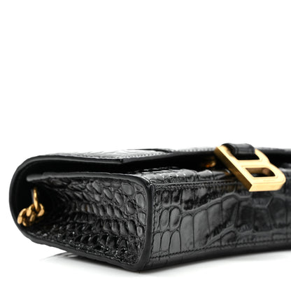 Balenciaga Shiny Calfskin Crocodile Embossed Hourglass Chain Bag Black 7 of 9