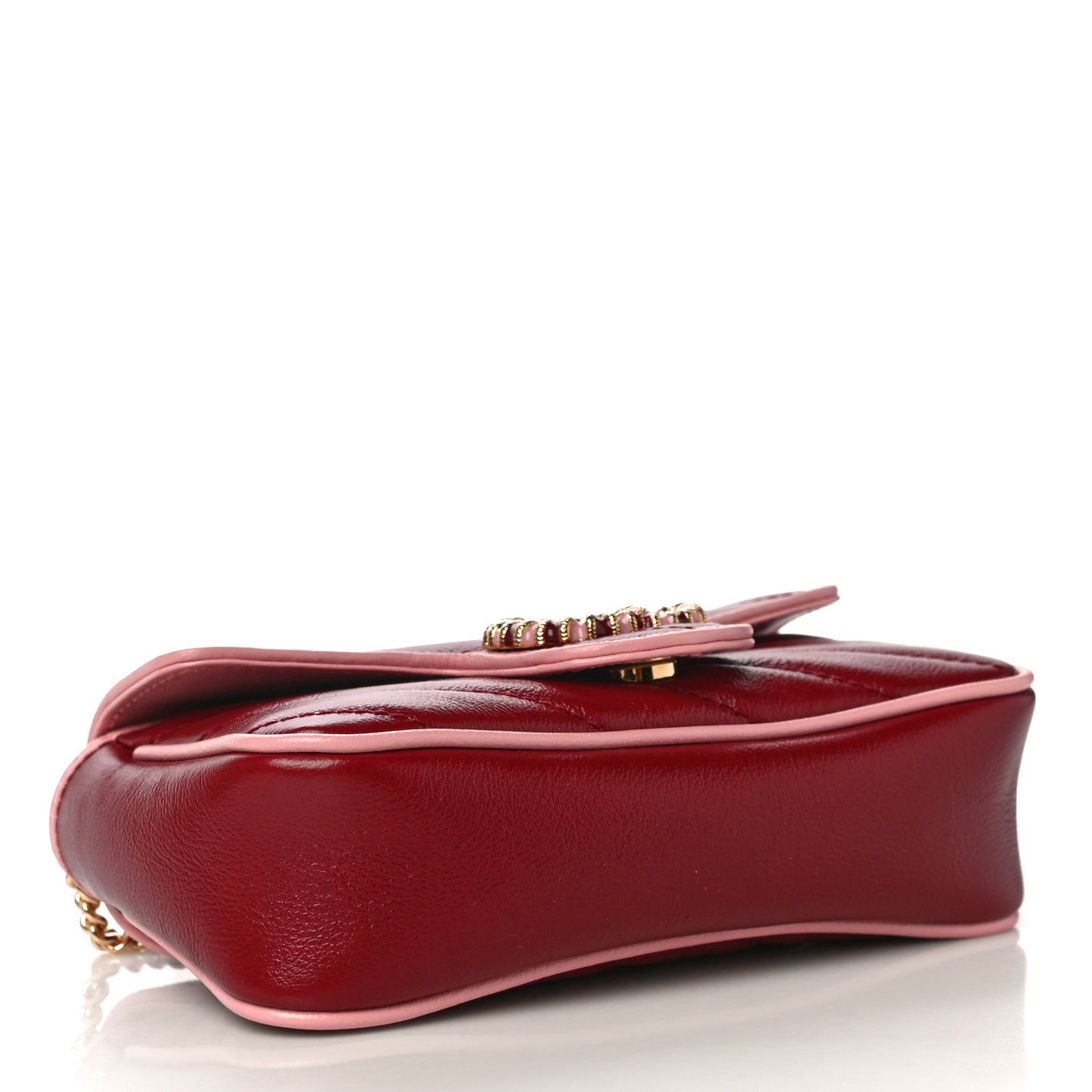 Azalea Calfskin Enamel Matelasse Diagonal Super Mini Torchon GG Marmont Shoulder Bag New Cherry Red Wild Rose