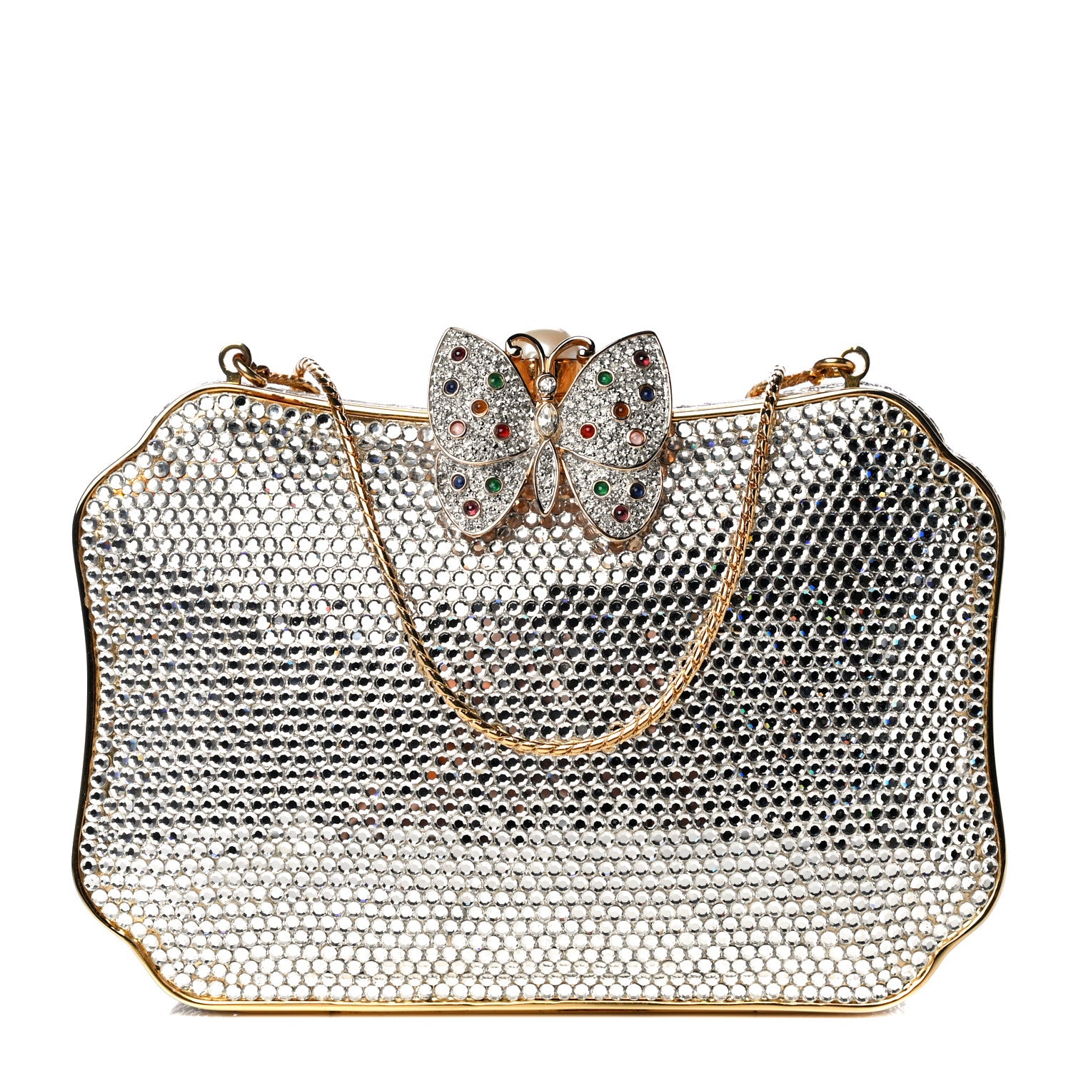 Judith Leiber Swarovski Crystal Butterfly Minaudiere Clutch Silver Gold 2 of 12