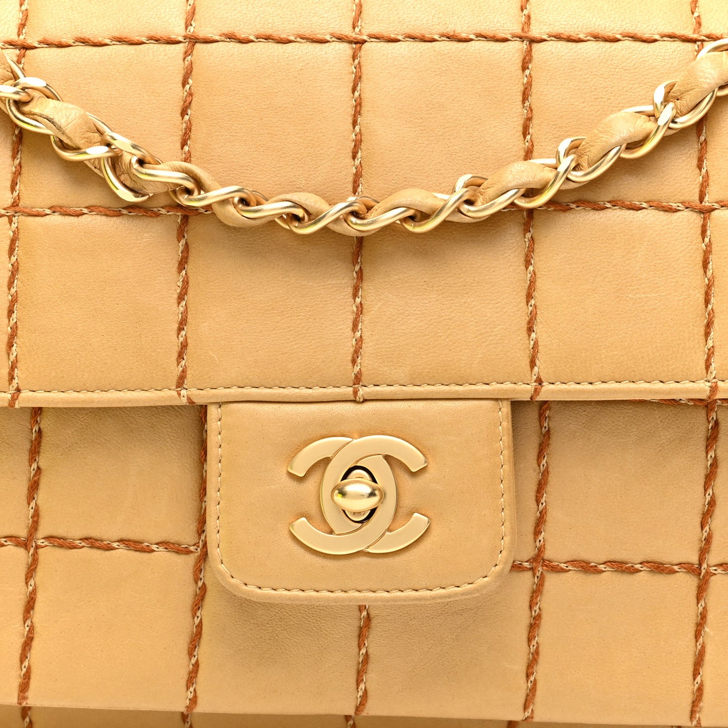 Lambskin Square Double Stitch Flap Beige