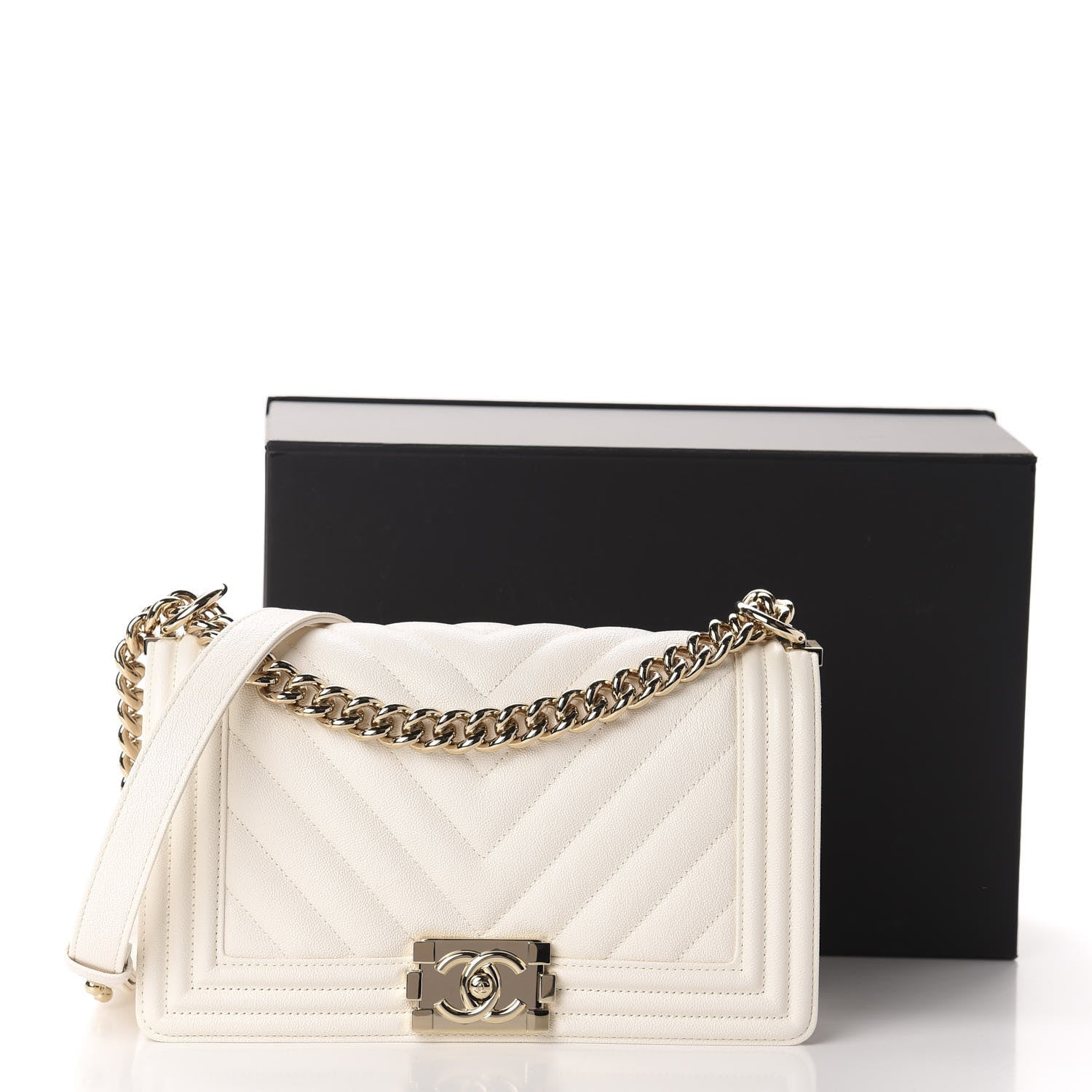 Chanel Caviar Chevron Quilted Medium Boy Flap White 11 of 11