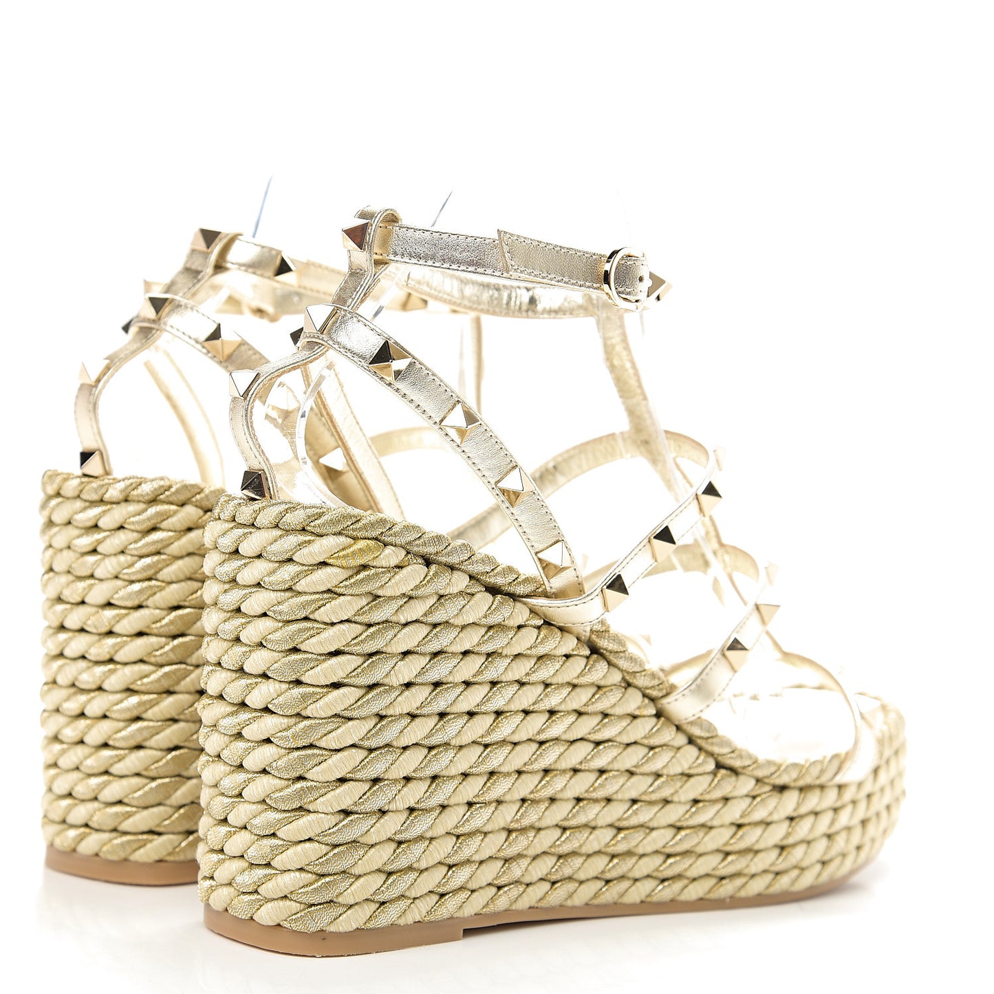 Metallic Nappa Rockstud Ankle Strap Torchon Espadrille Caged 25/95mm Wedge Sandals 41 Platino
