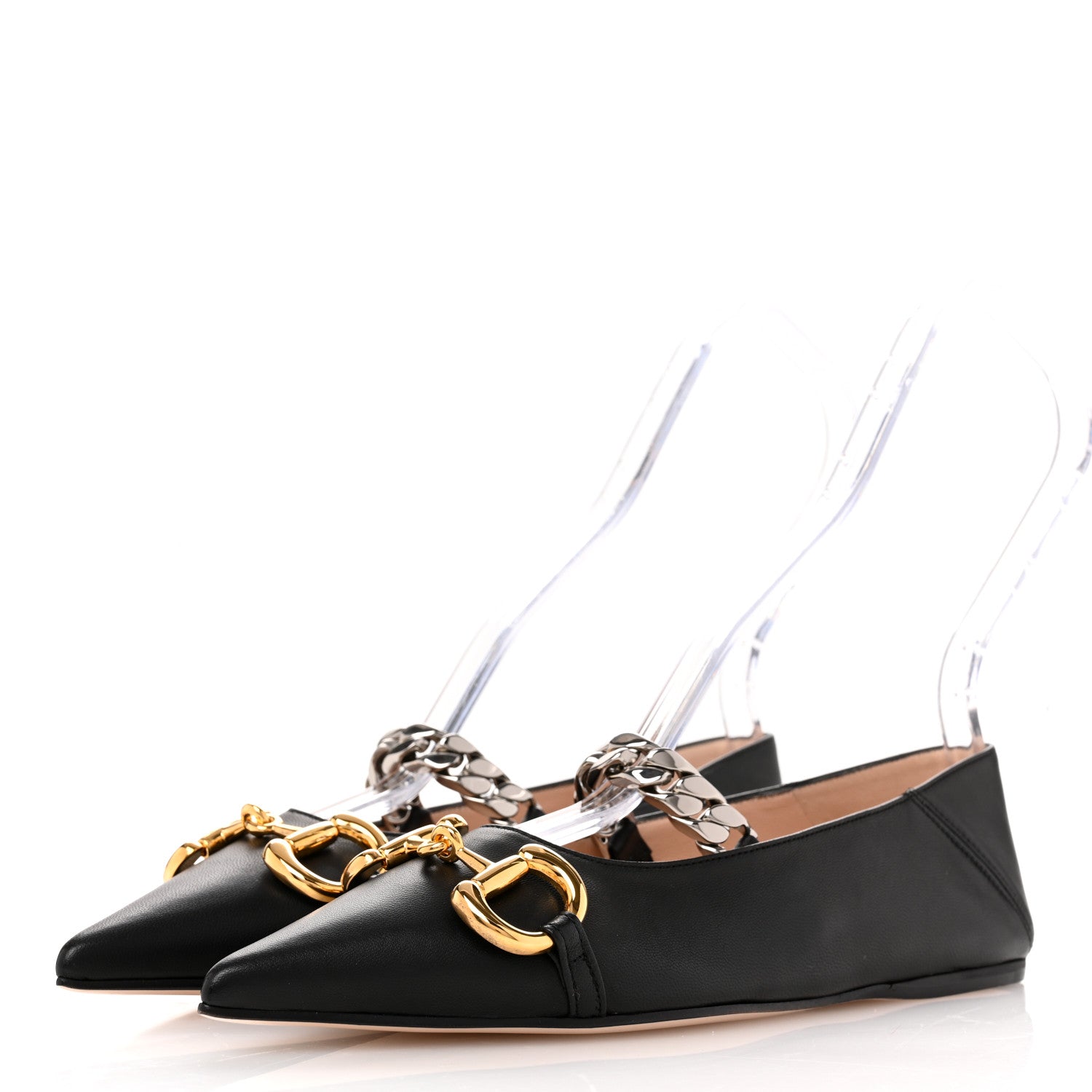 Gucci Nappa Lumiere Deva Horsebit Chain Embellished Flats 35.5 Black 4 of 9