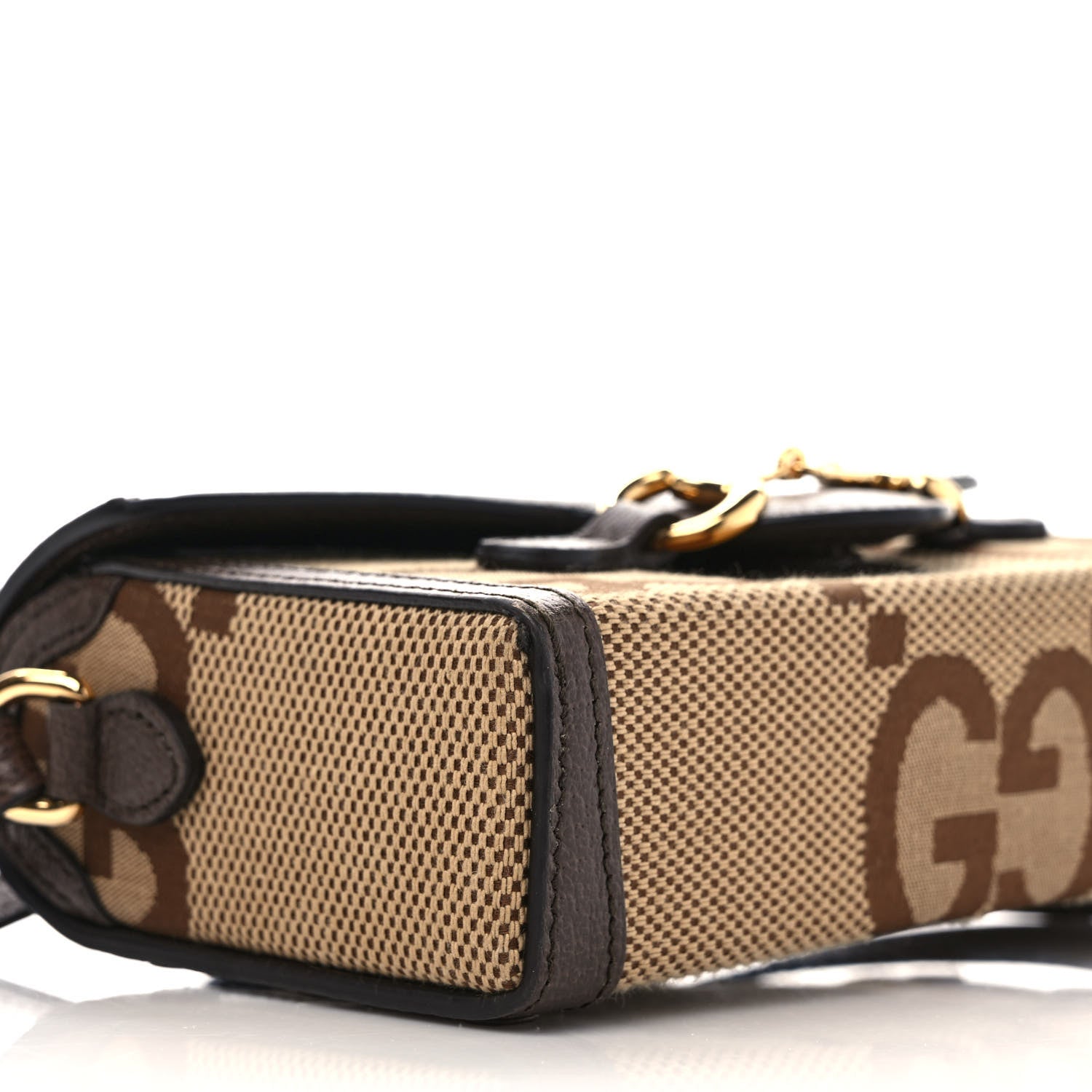 Gucci Monogram Jumbo GG Textured Dollar Calfskin Mini Horsebit 1955 Shoulder Bag Camel Ebony New Acero 8 of 10