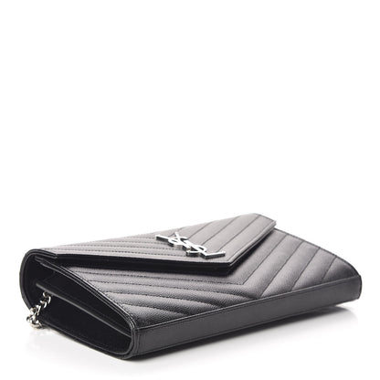 Saint Laurent Grain De Poudre Matelasse Chevron Monogram Chain Wallet Black 4 of 10