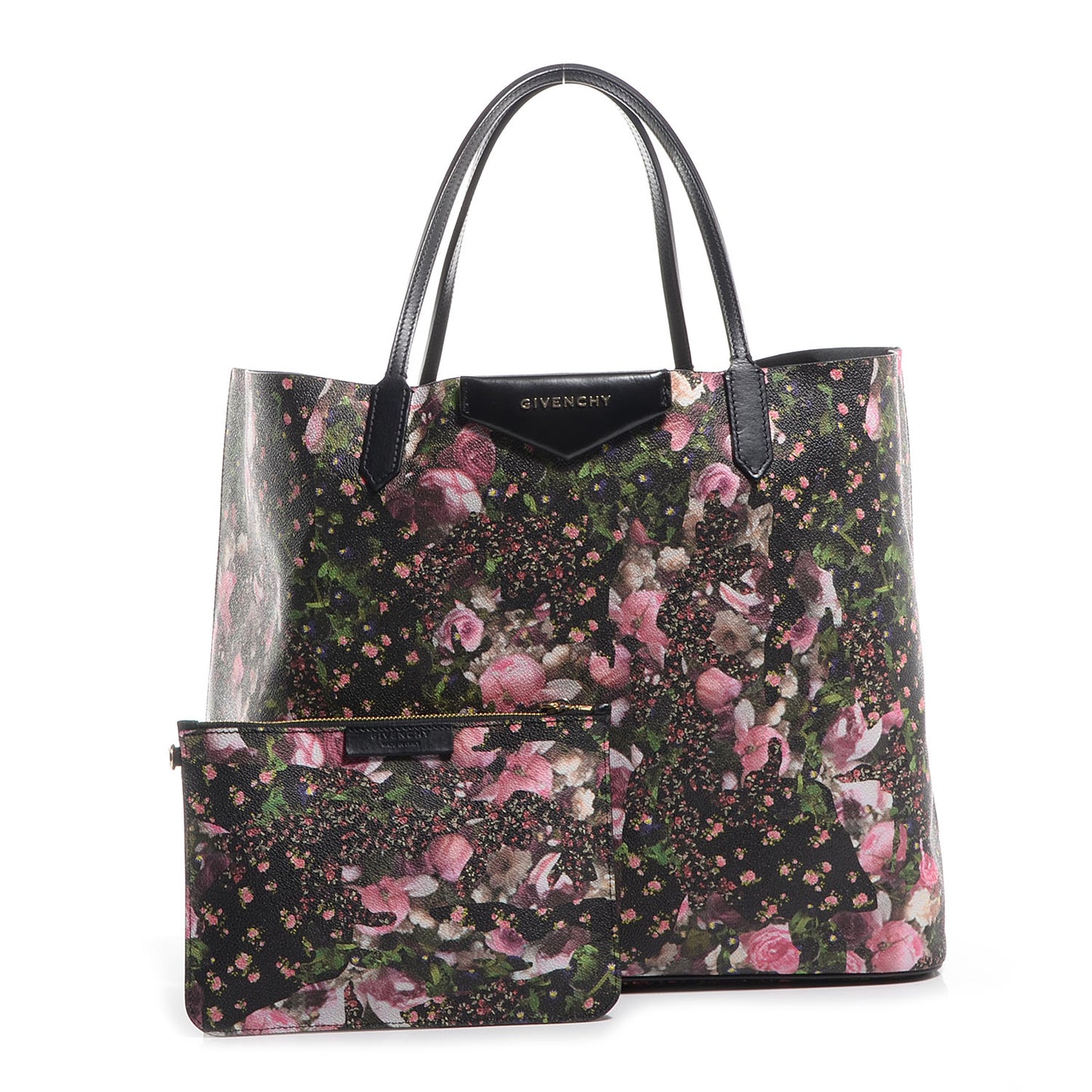 Textured Coated Canvas Roses Camouflage Print Large Antigona Tote Black