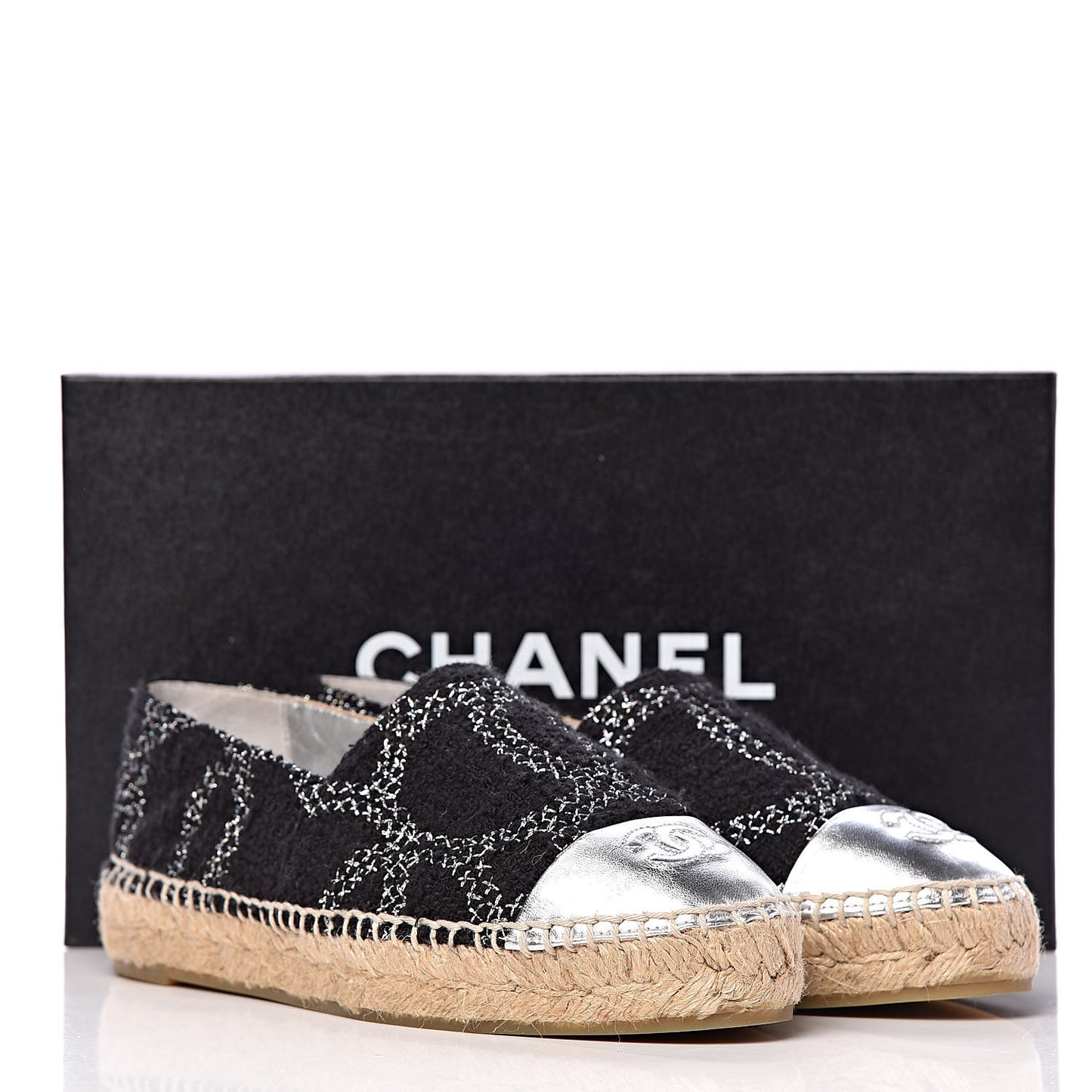 Metallic Tweed Lambskin CC Espadrilles 36 Black Silver