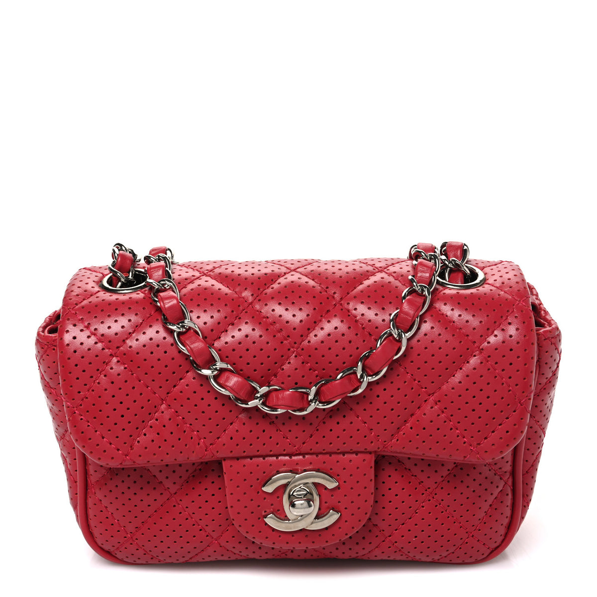 Lambskin Perforated Mini Rectangular Flap Dark Pink