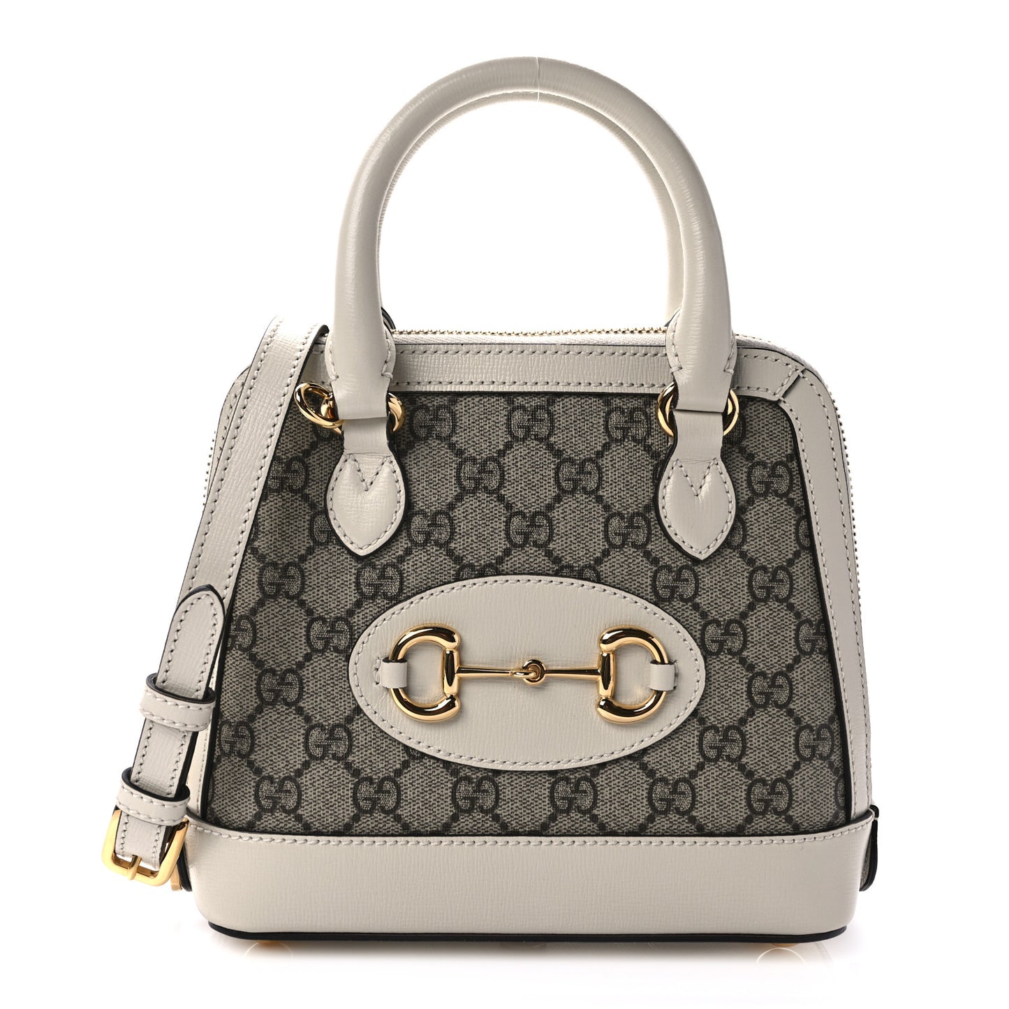 GG Supreme Monogram Azalea Calfskin Mini Horsebit 1955 Top Handle Bag Beige Ebony Mystic White