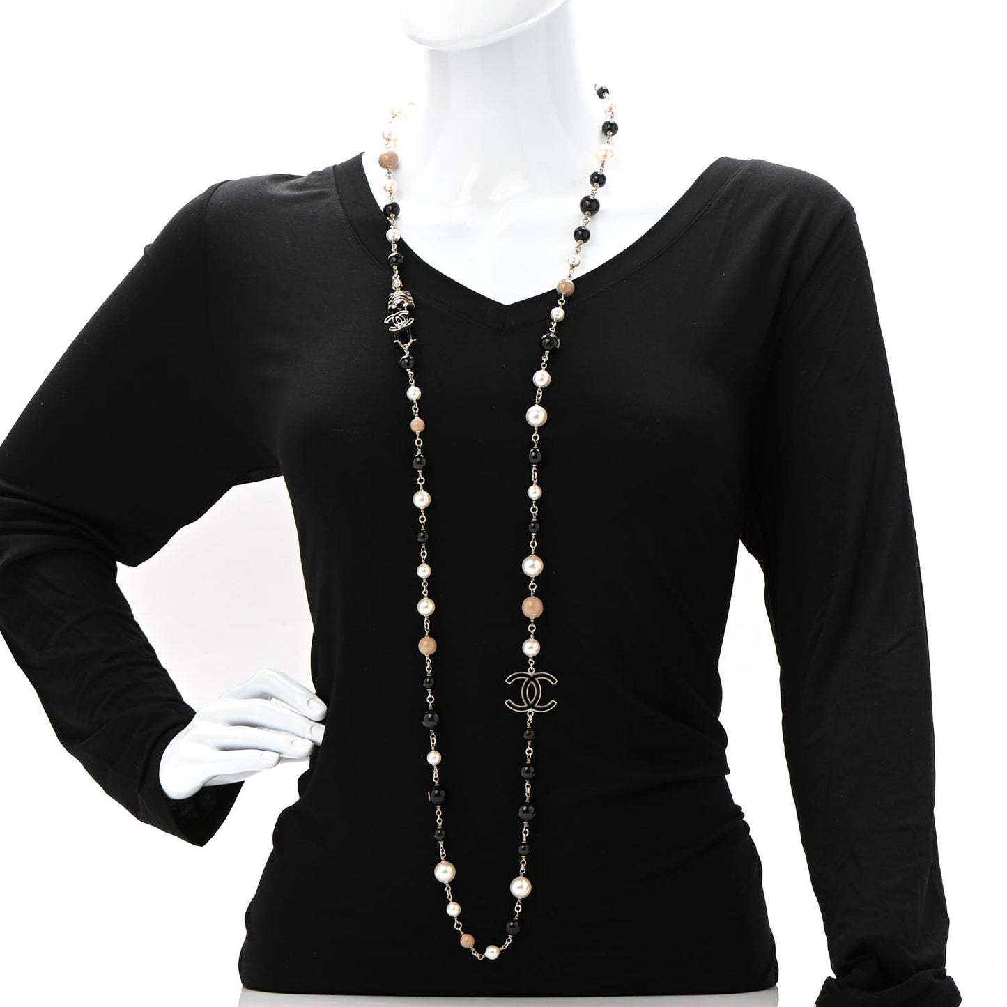 Pearl Beaded Enamel CC Coco Long Necklace Blanc Nacre Black Beige Gold