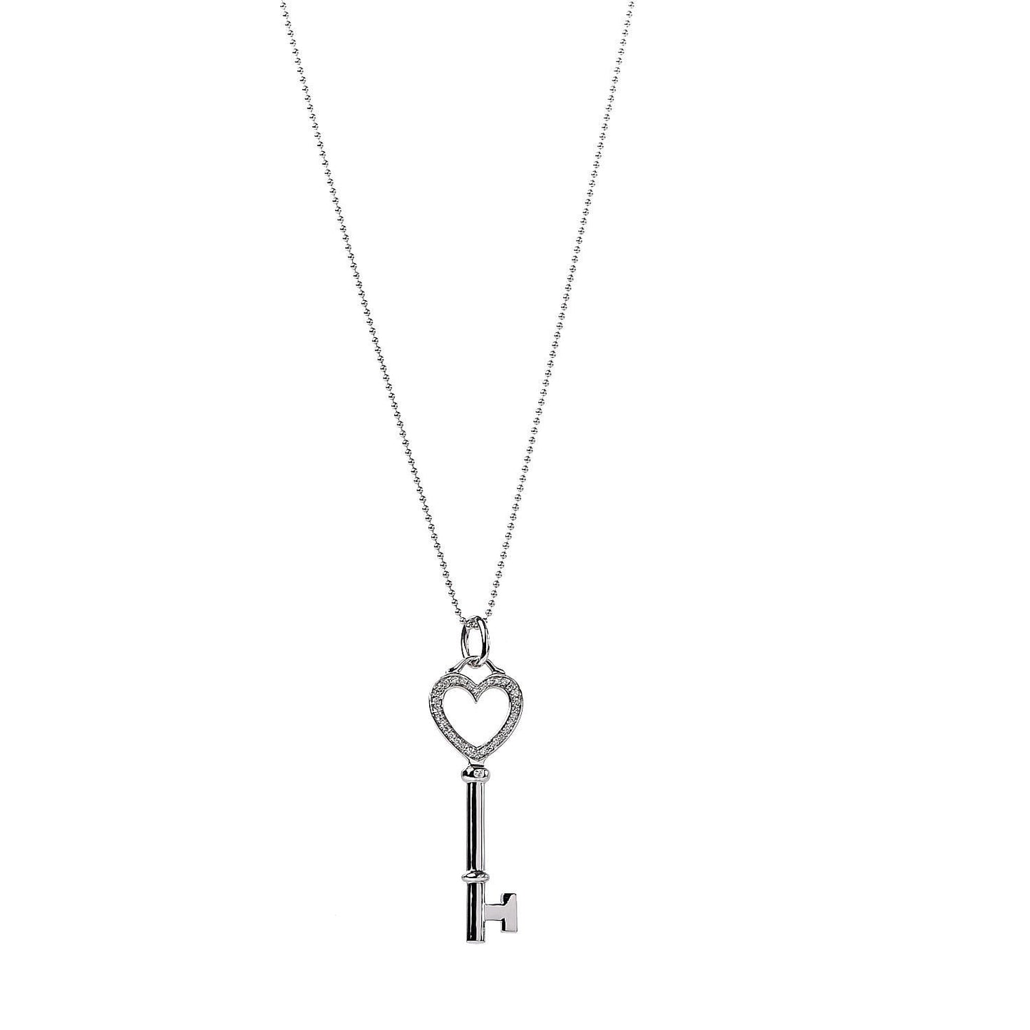 18K White Gold Diamond Medium Heart Key Pendant Necklace