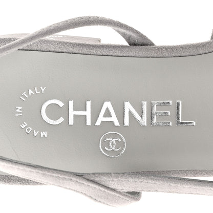 Chanel Suede Crystal Grosgrain Cap Toe CC Slingback Flats 36.5 Gray Silver Black 8 of 10