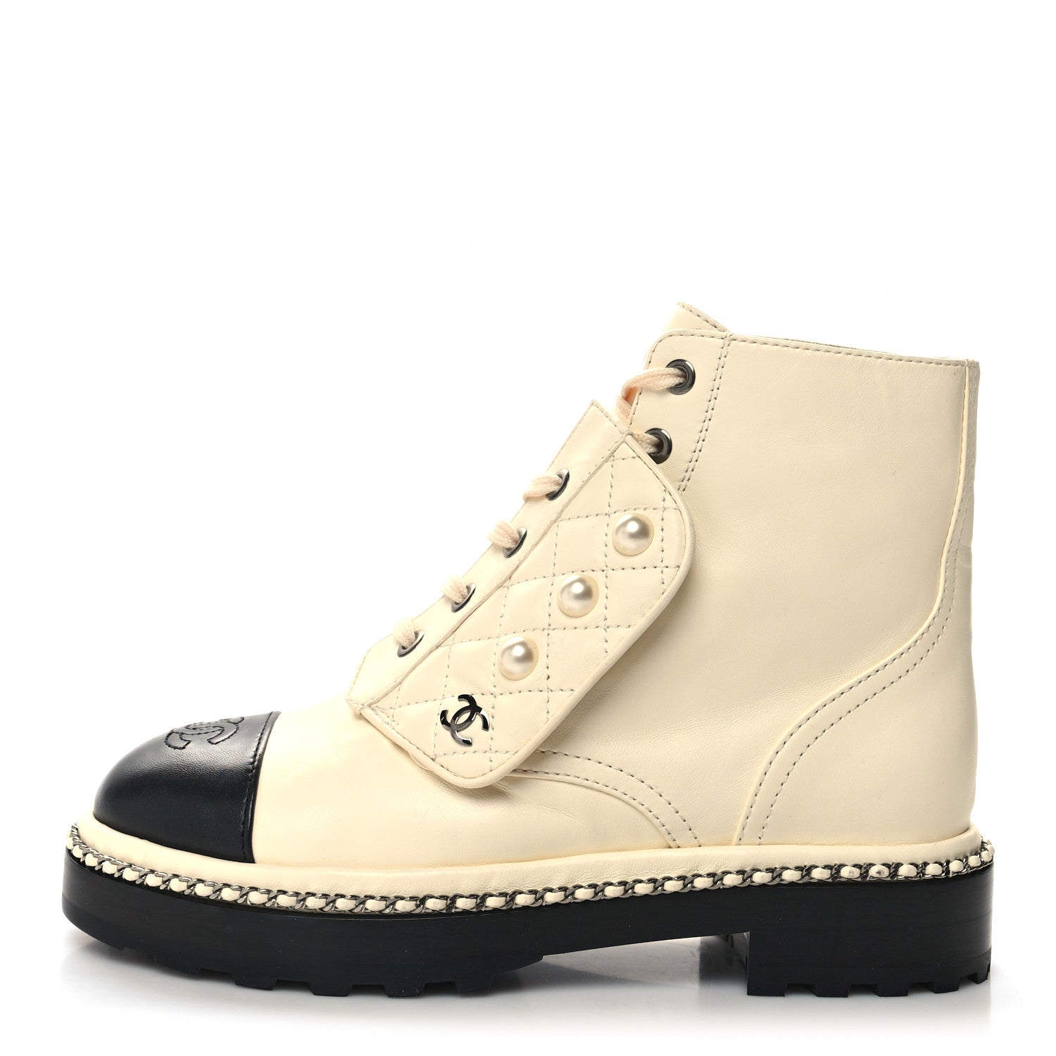 Chanel Lambskin Pearl Combat Short Boots 35.5 Ivory Black 1 of 9