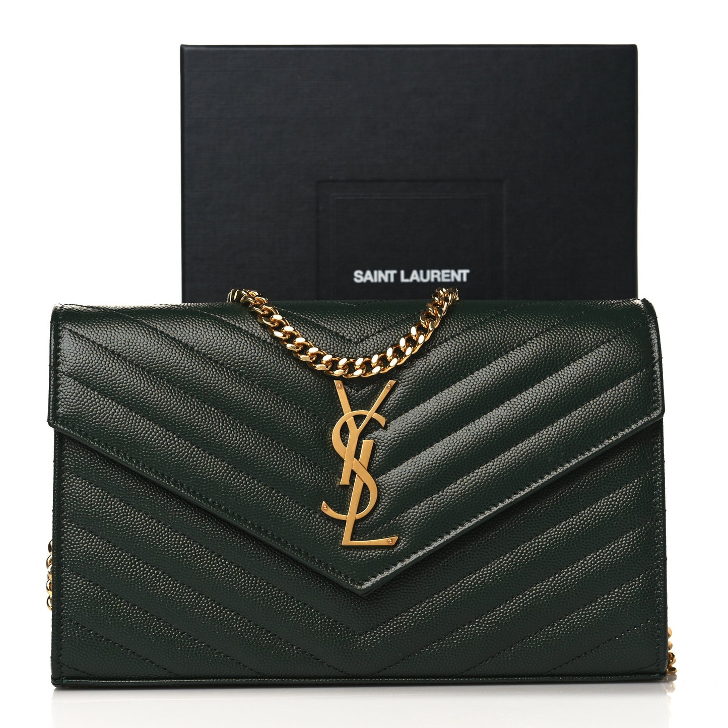 Grain De Poudre Matelasse Chevron Monogram Chain Wallet Dark Green