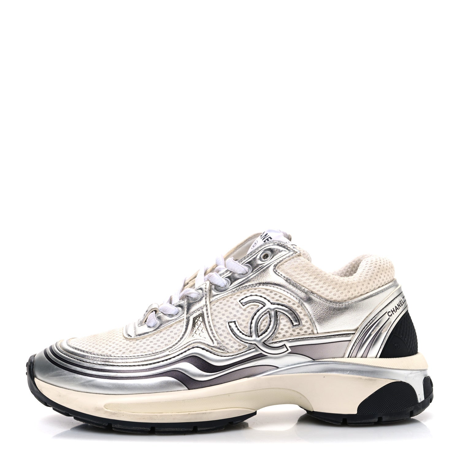 Chanel Fabric Laminated Calfskin Stretch CC Sneakers 37 White Silver 1 of 12