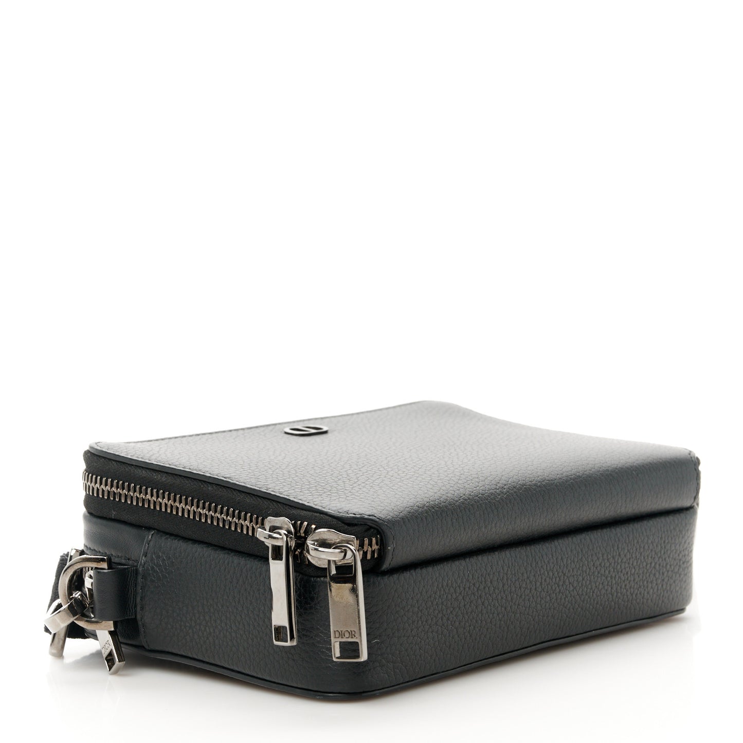 Grained Calfskin CD Icon Zipped Pouch With Strap Black