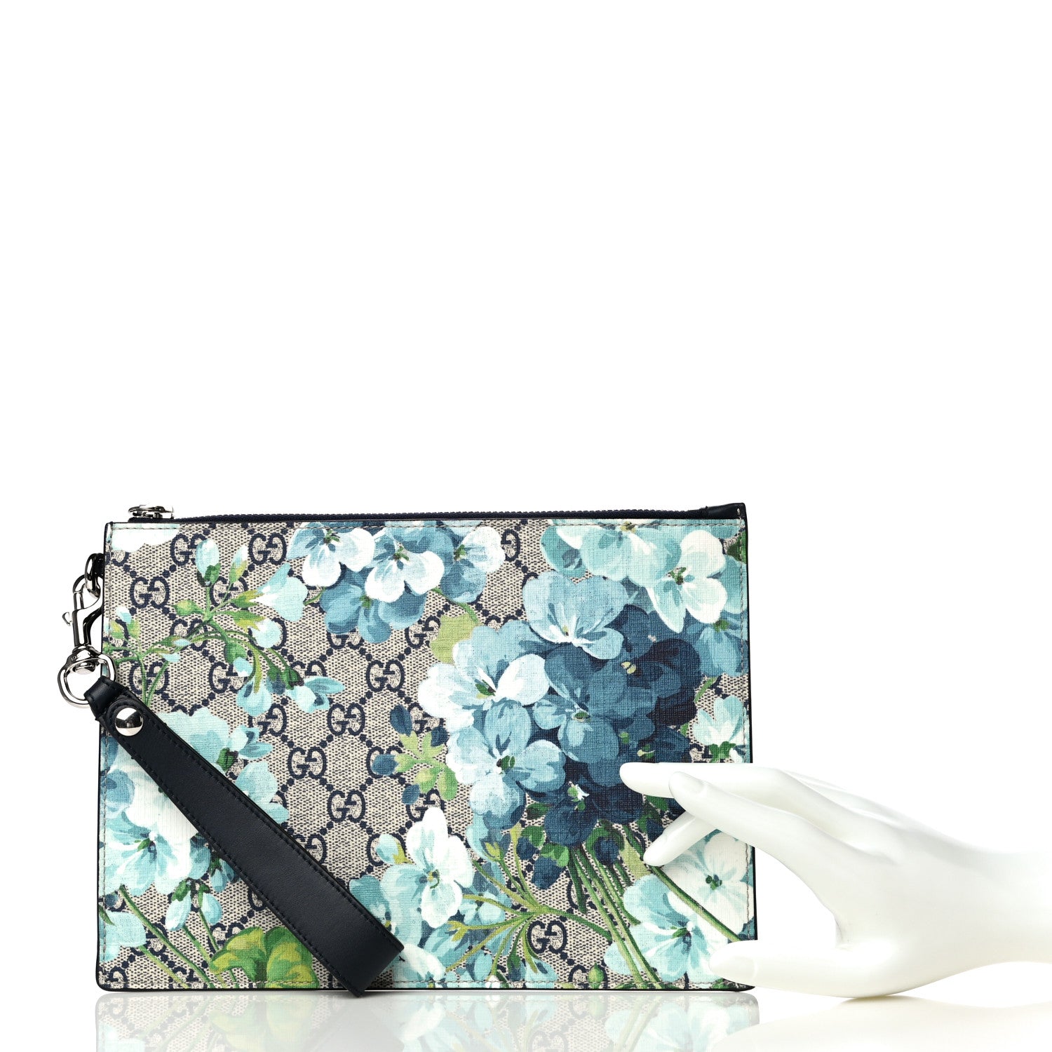 Gucci GG Supreme Monogram Blooms Small Zip Wristlet Pouch Beige Blue Black 2 of 11
