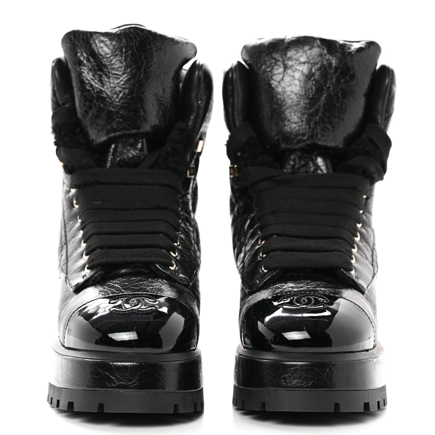 Crumpled Patent Lambskin Calfskin Quilted Lace Up Combat Boots 36.5 Black