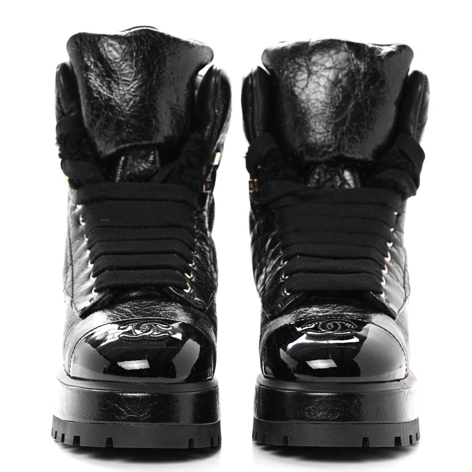 Chanel Crumpled Patent Lambskin Calfskin Quilted Lace Up Combat Boots 36.5 Black 2 of 10