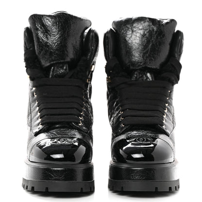 Chanel Crumpled Patent Lambskin Calfskin Quilted Lace Up Combat Boots 36.5 Black 2 of 10