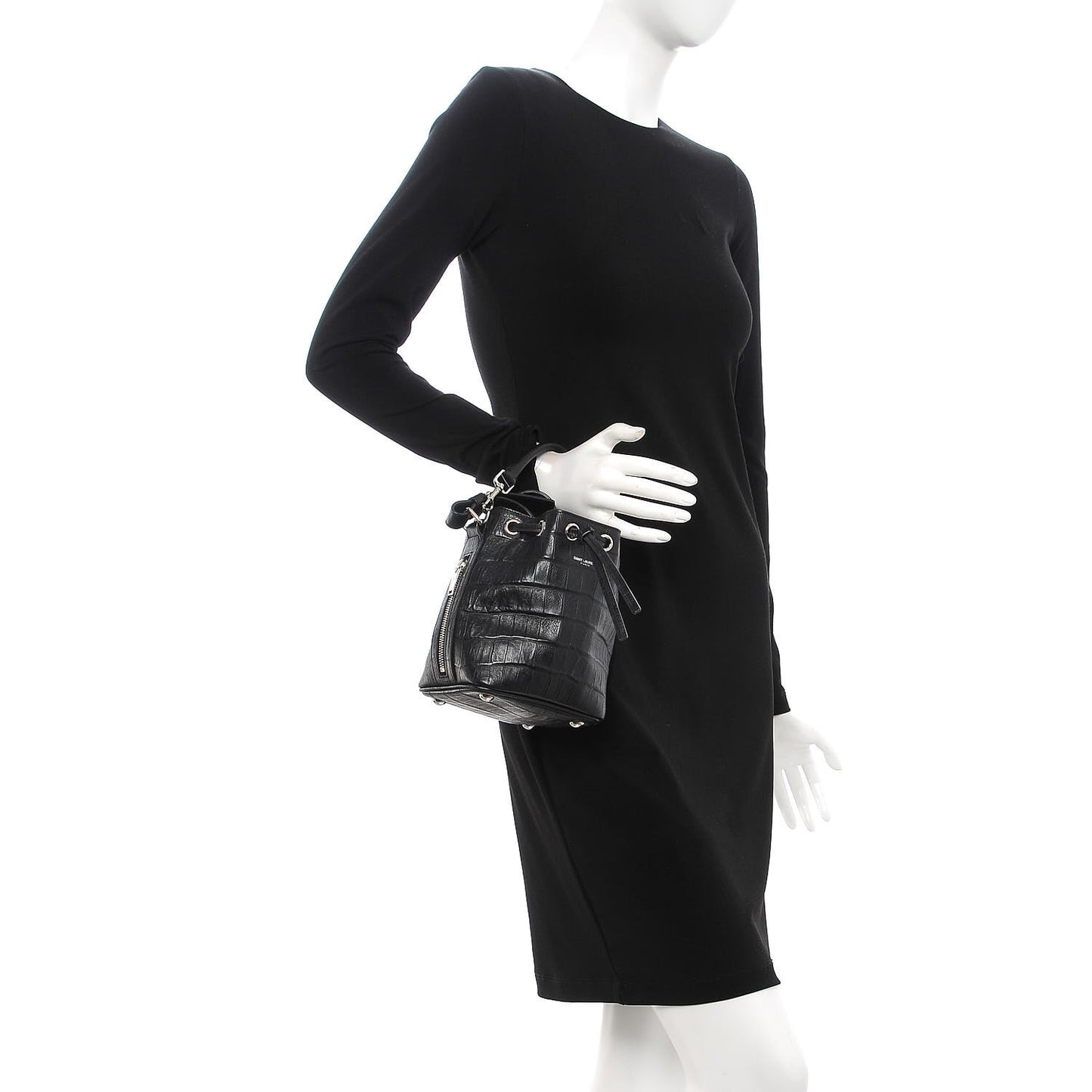 Croc Calfskin Embossed Small Emmanuelle Bucket Bag Black