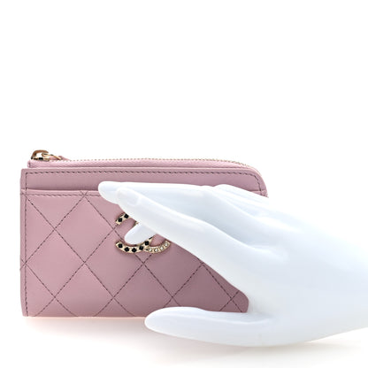 Chanel Lambskin Quilted Pearl Crystal CC Zip Around Card Holder Pink 2 of 7