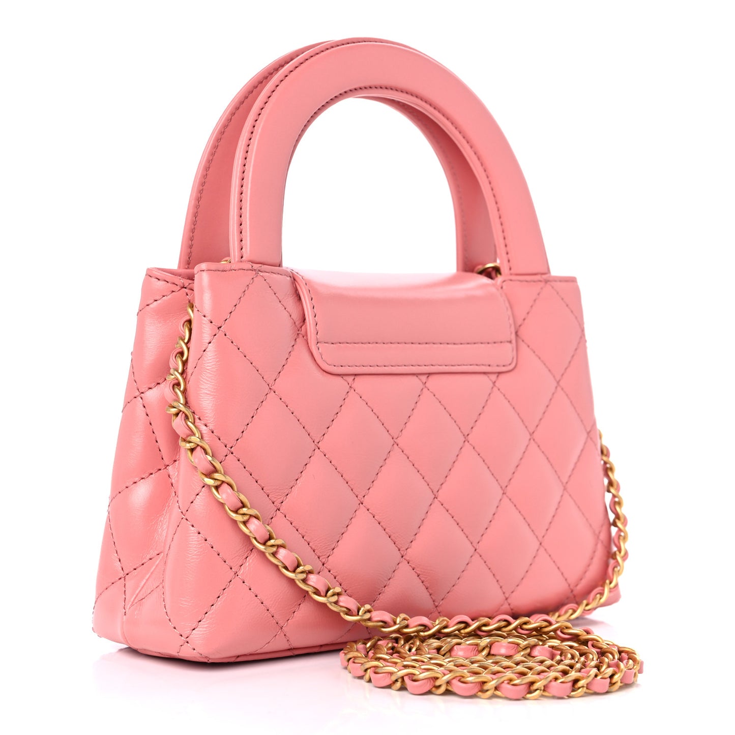 Shiny Aged Calfskin Quilted Nano Kelly Shopper Coral Pink