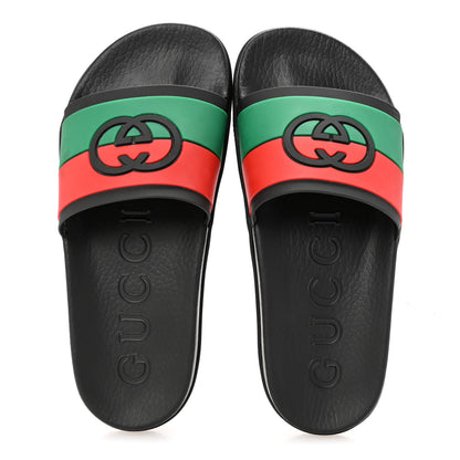 Gucci Rubber Web Womens Interlocking G Slide Sandals 39 Black Green Red 2 of 8
