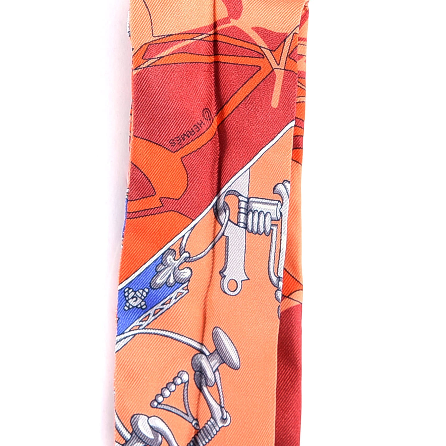 Hermes Silk Caleche Mors Et Bouteilles Twilly Vermilion Corail Bleu 3 of 4