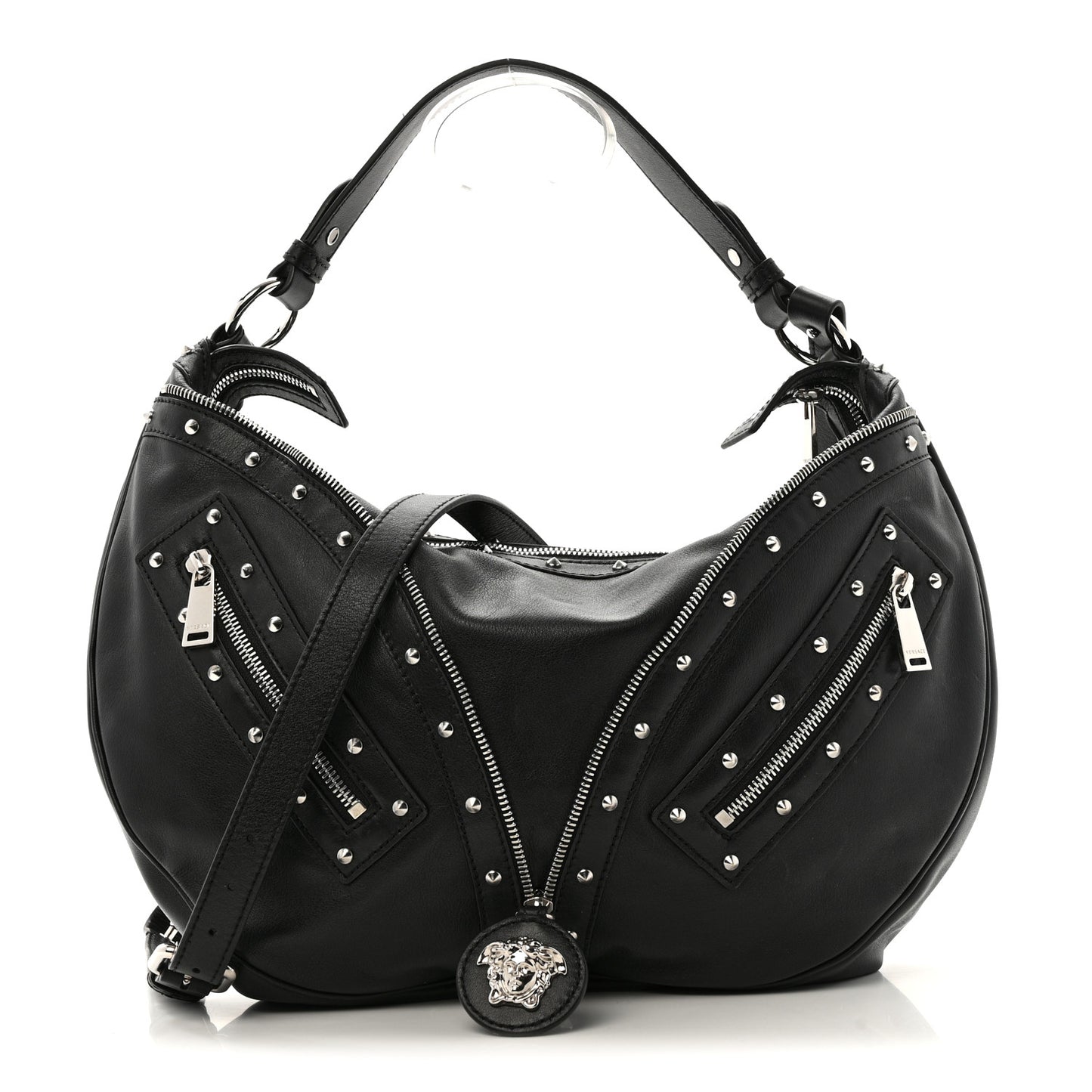 Calfskin Studded Medium Repeat Zip Hobo Black