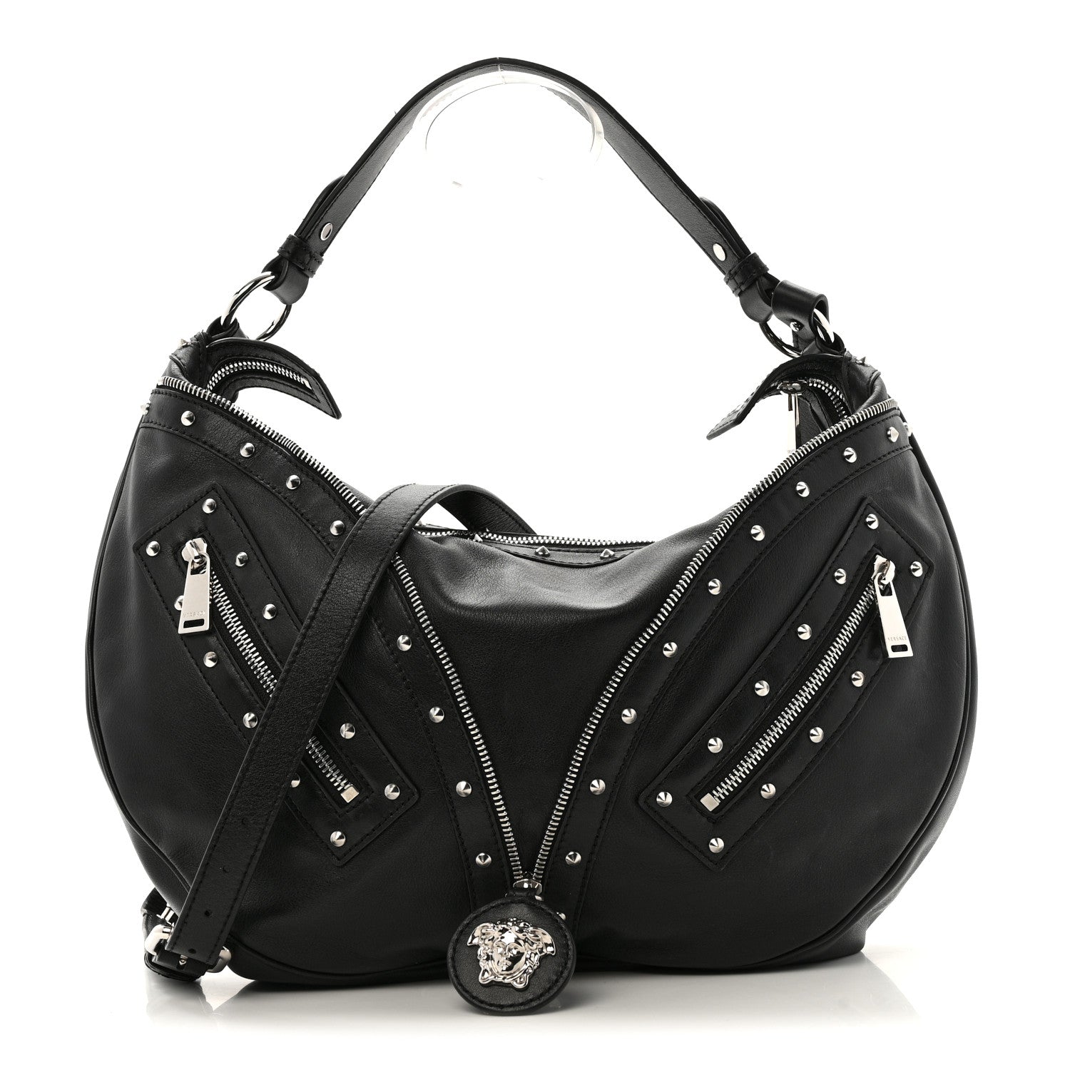 Versace Calfskin Studded Medium Repeat Zip Hobo Black 1 of 14