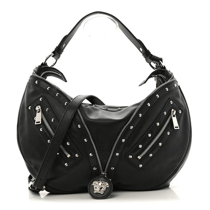Versace Calfskin Studded Medium Repeat Zip Hobo Black 1 of 14