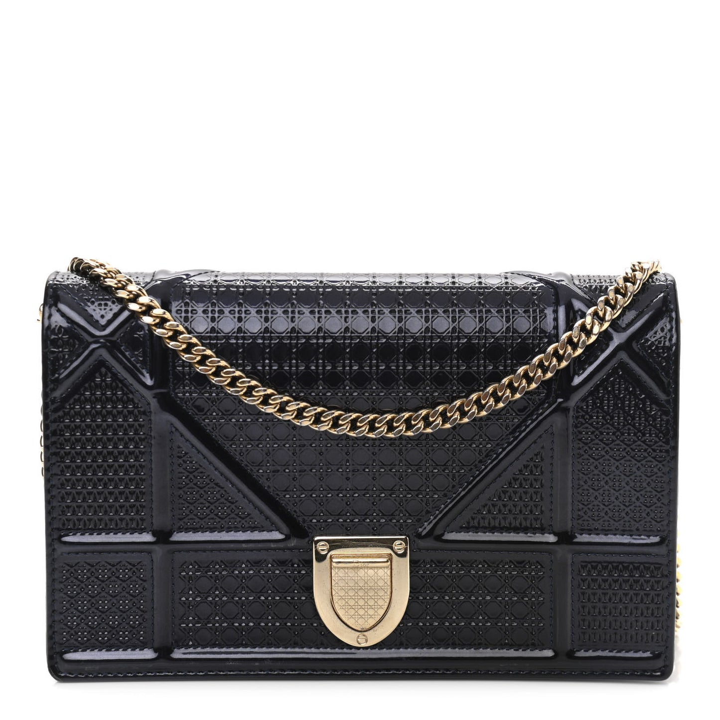 Metallic Patent Micro-Cannage Diorama Wallet on Chain Pouch Navy Blue