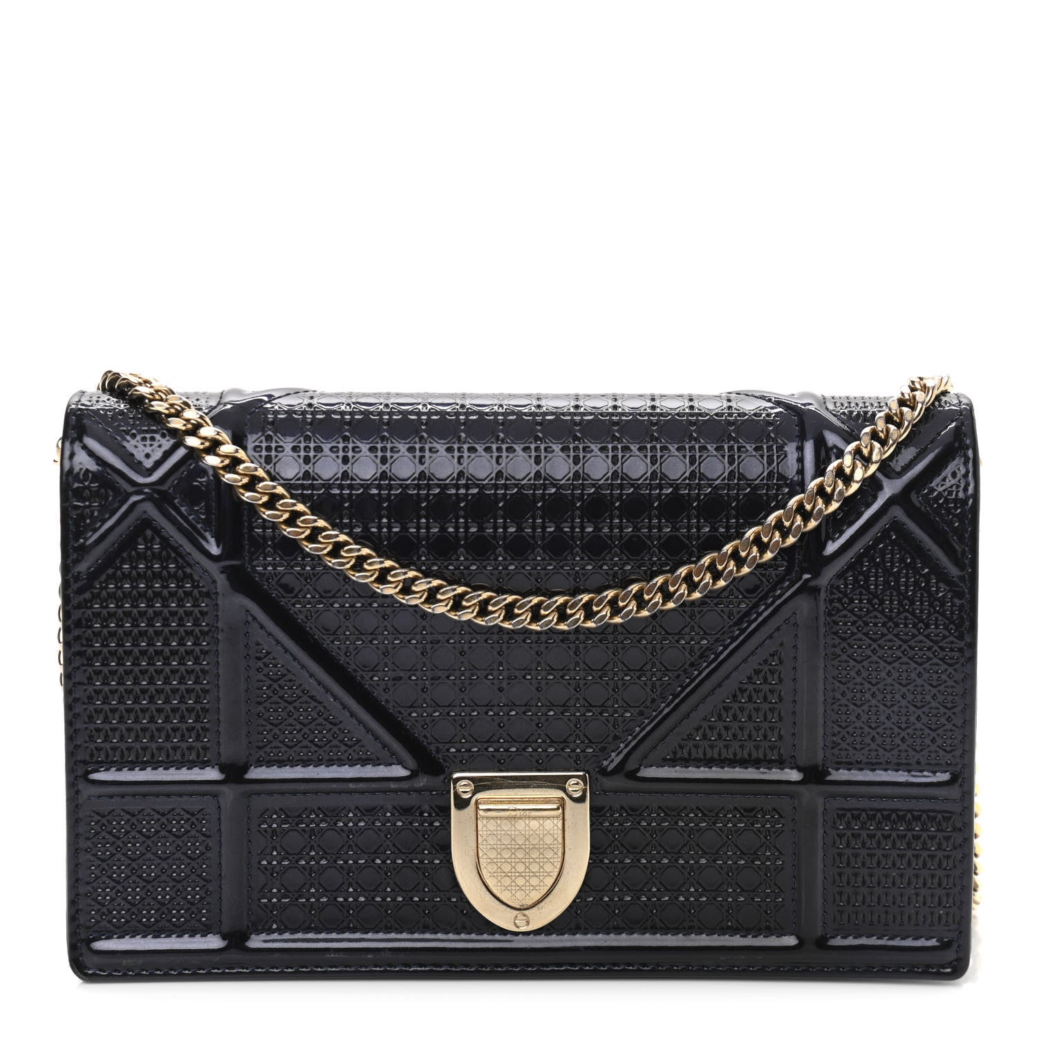 Christian Dior Metallic Patent Micro-Cannage Diorama Wallet on Chain Pouch Navy Blue 1 of 11
