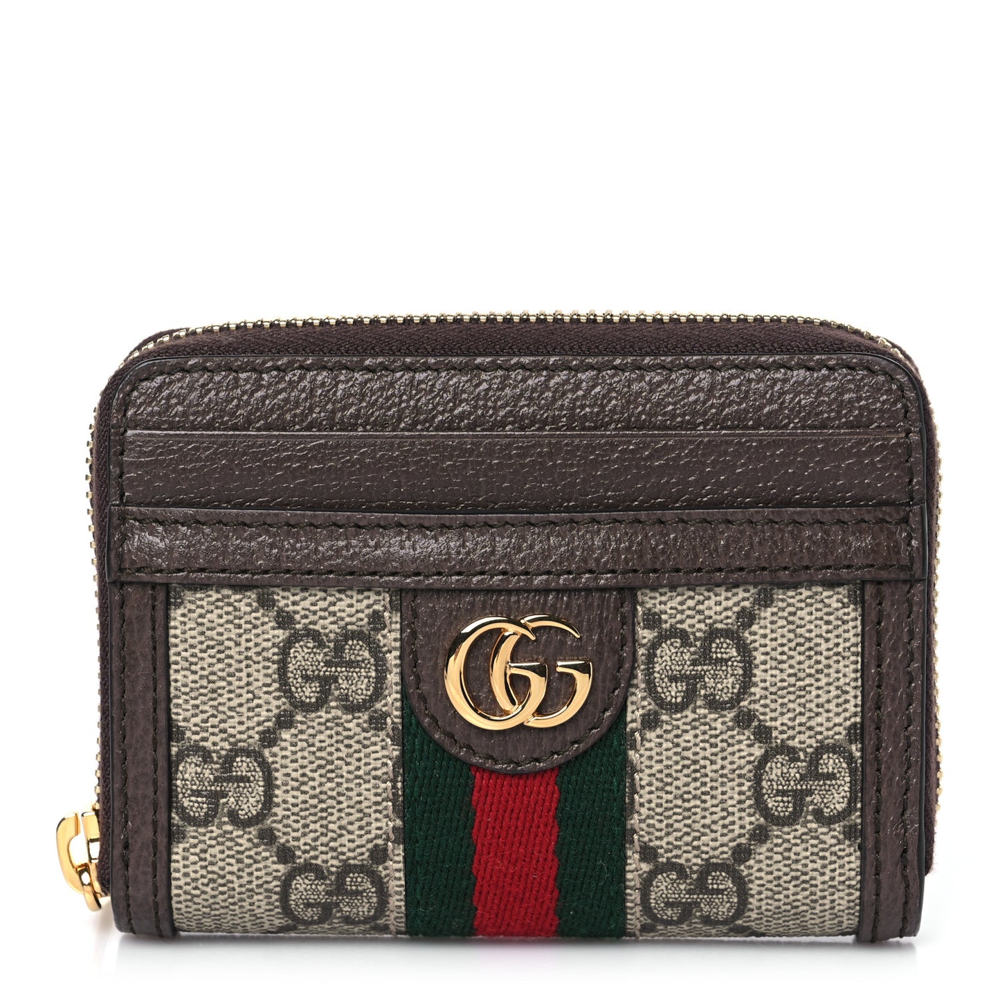 GG Supreme Monogram Textured Dollar Calfskin Web Ophidia Zip Around Card Case Wallet Beige Ebony New Acero
