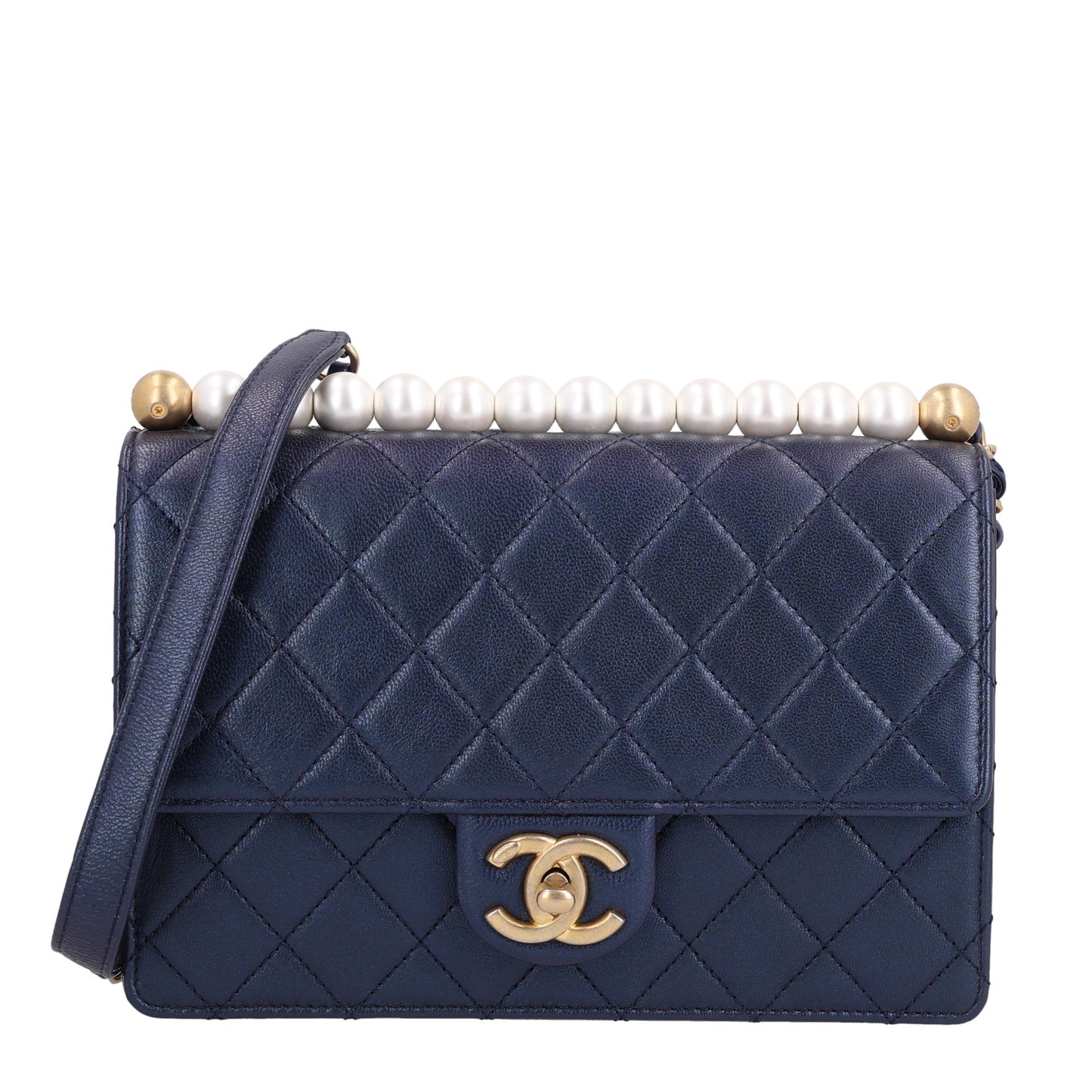 Iridescent Lambskin Quilted Small Chic Pearls Flap Blue