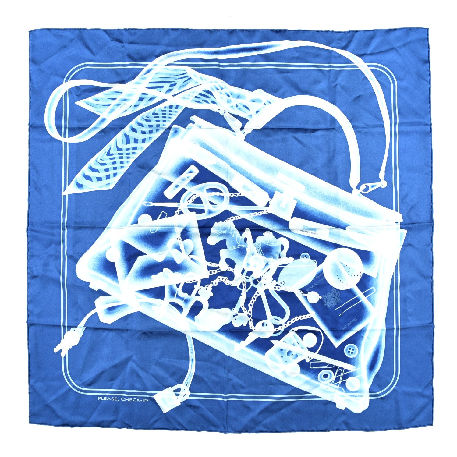 Hermes Silk Please Check In Scarf 90 Bleu Moyen Ciel White 1 of 5