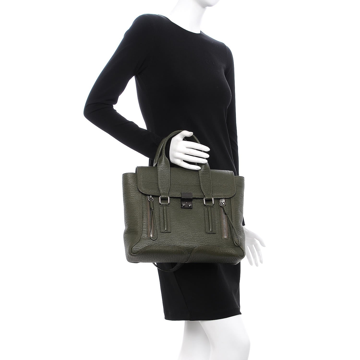 3.1 Phillip Lim 3.1 Textured Calfskin Medium Pashli Satchel Military Green 3 of 8