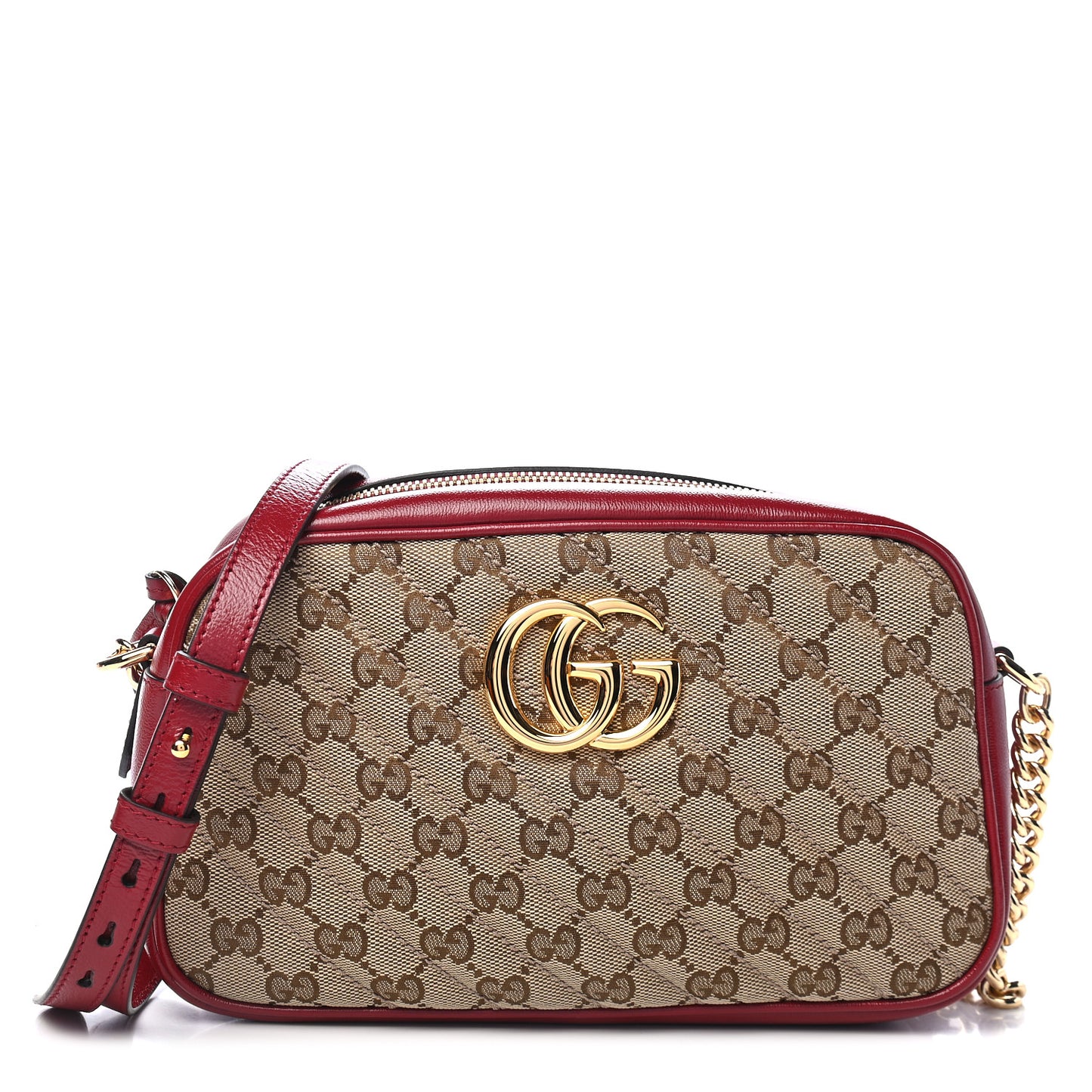 Monogram Azalea Calfskin Matelasse Diagonal Small GG Marmont Chain Shoulder Bag Beige Ebony New Cherry Red