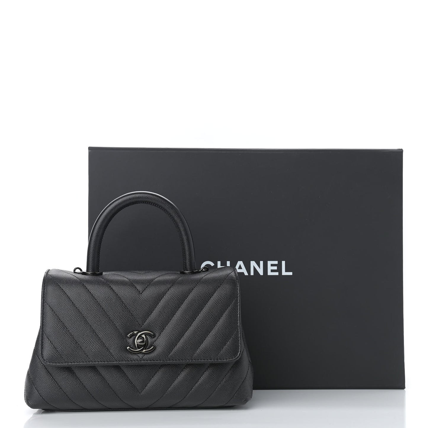 Caviar Chevron Quilted Mini Coco Handle Flap So Black