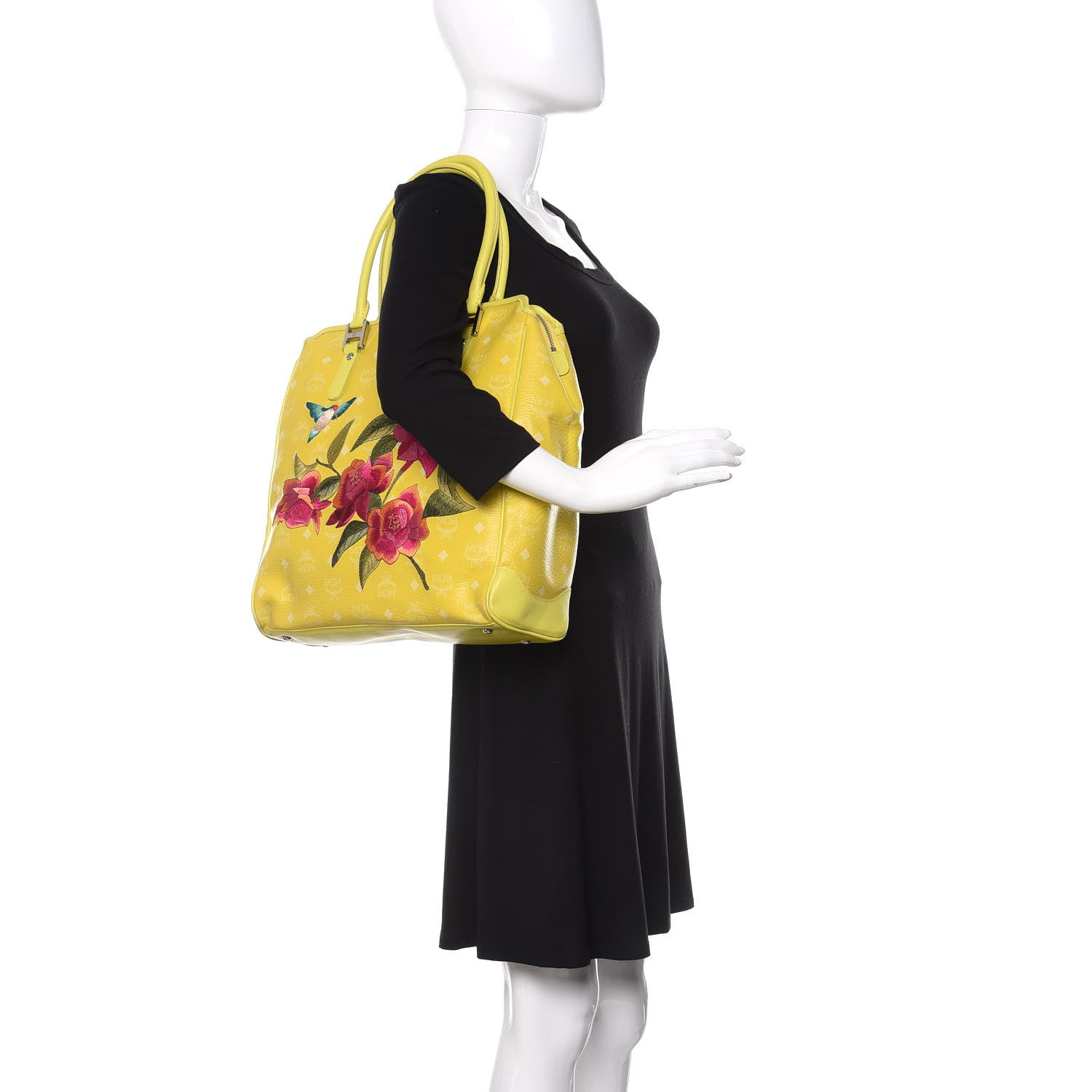 MCM Visetos Embroidered Flower Hummingbird Tote Yellow 2 of 20