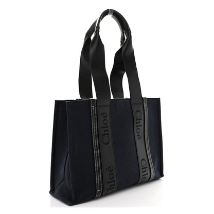 Chloe Cotton Shiny Calfskin Medium Woody Ribbon Tote Obscure Navy 3 of 12