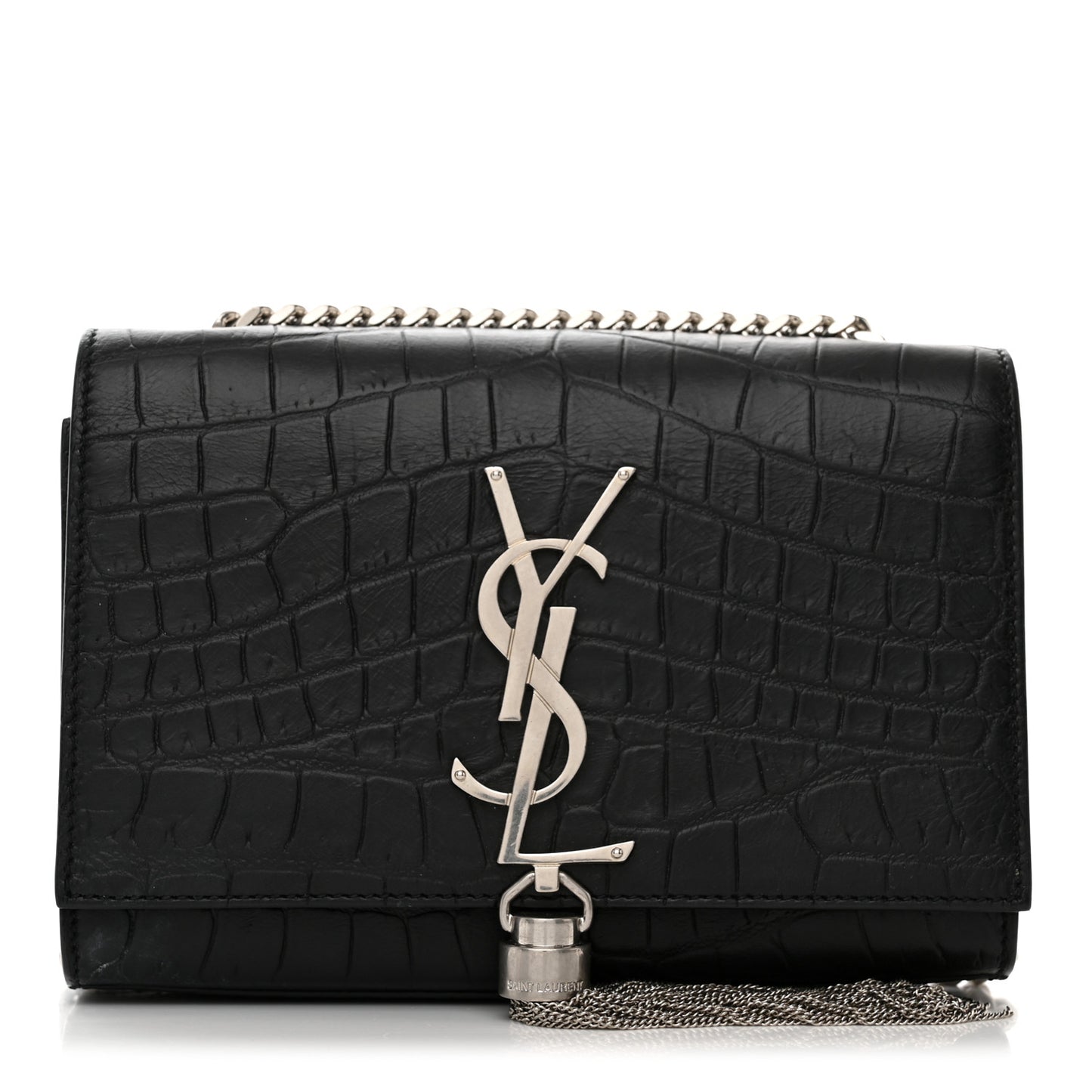 Calfskin Crocodile Embossed Small Classic Monogram Kate Tassel Satchel Black