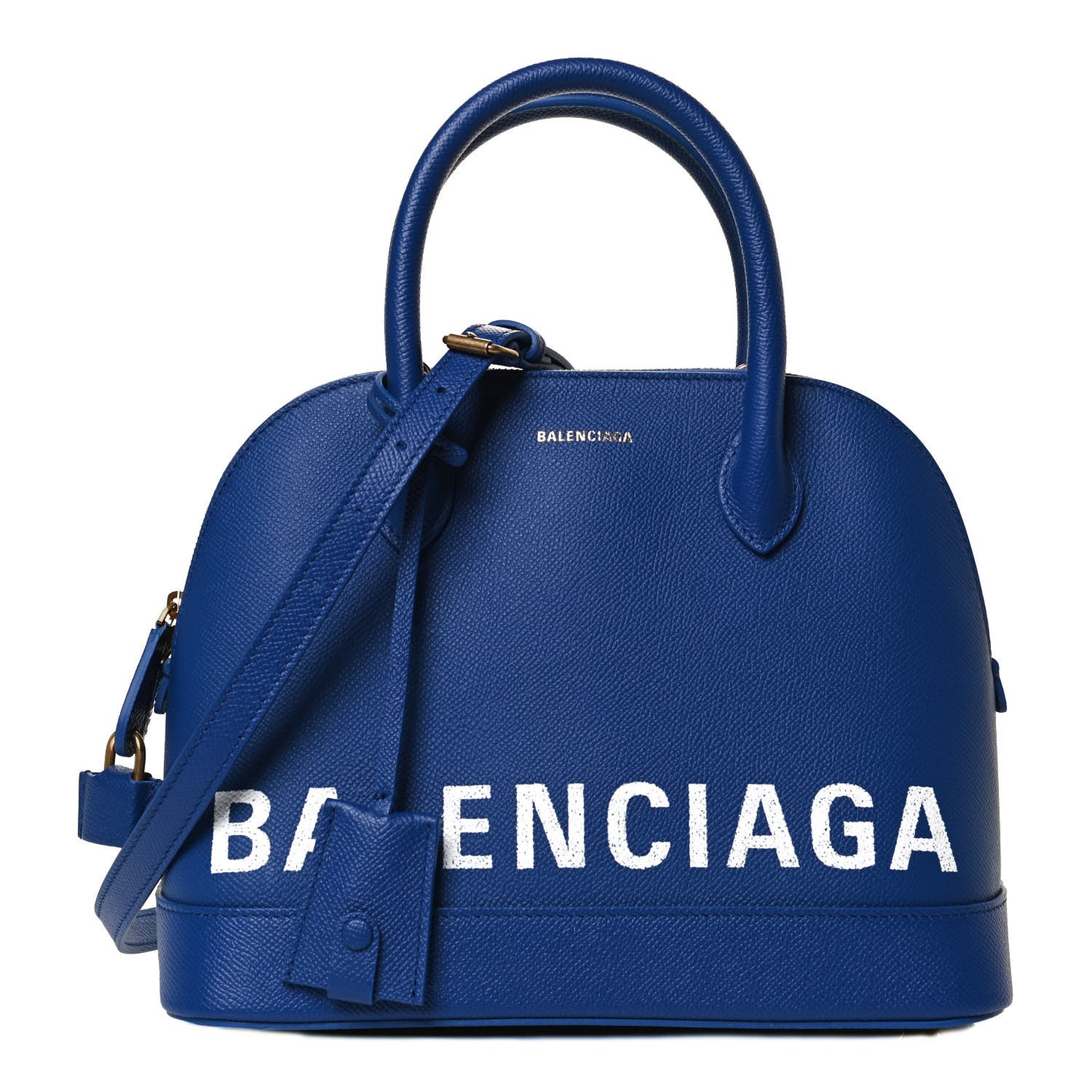 Signature Grained Calfskin Logo S Ville Top Handle Bag Bleu Roi White