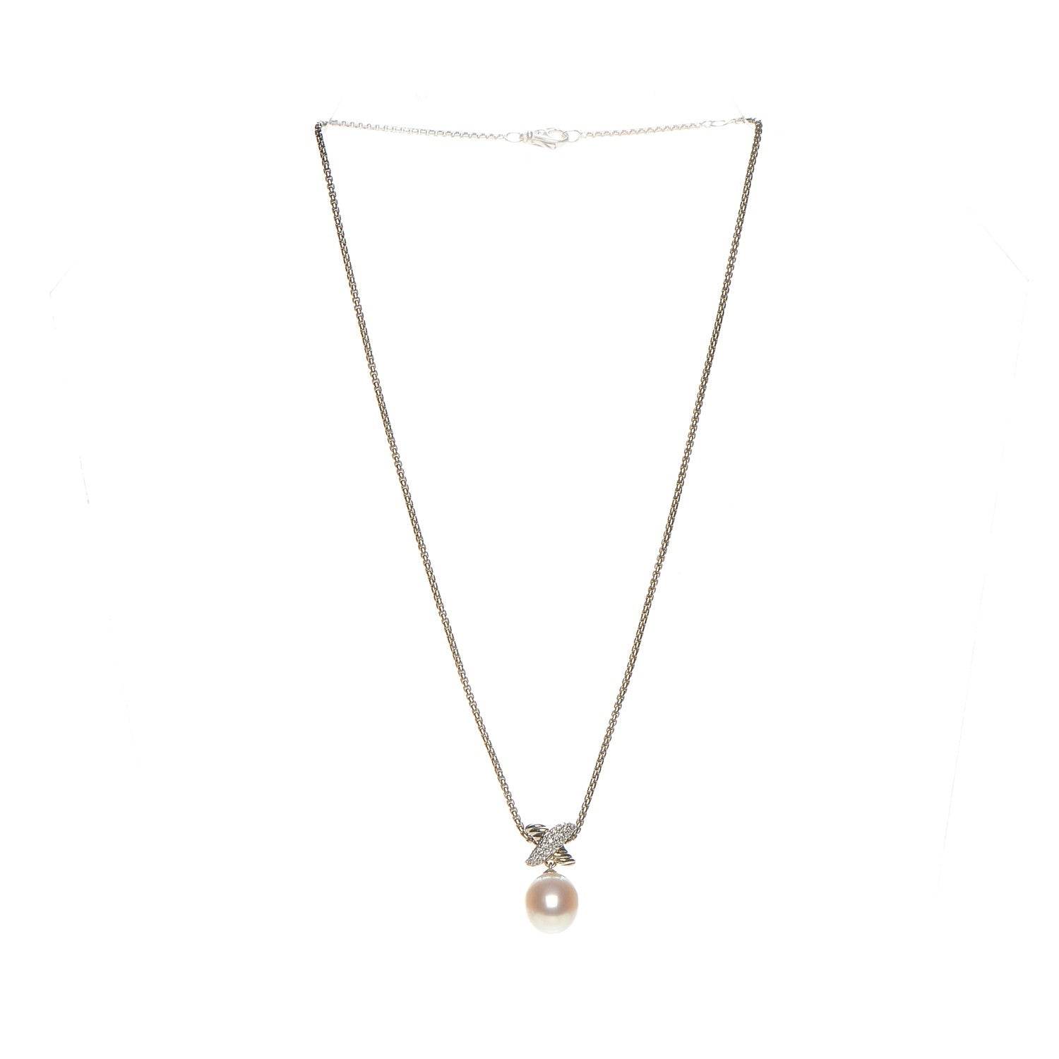 David Yurman Sterling Silver Pearl Diamond 25mm X Pendant Necklace 4 of 5