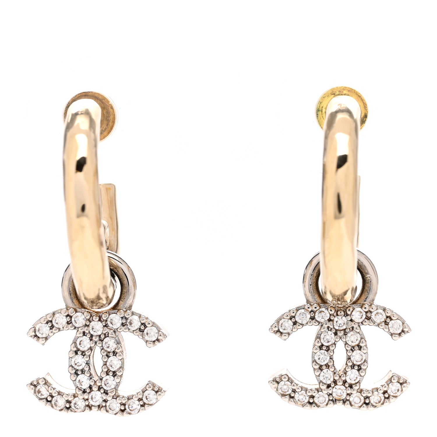 Chanel Metal Crystal CC Hoop Drop Earrings Gold 1 of 5