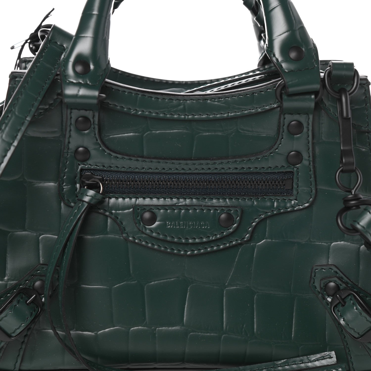 Balenciaga Semi Shiny Calfskin Crocodile Embossed Neo Classic Black Hardware Mini City Forest Green 7 of 9