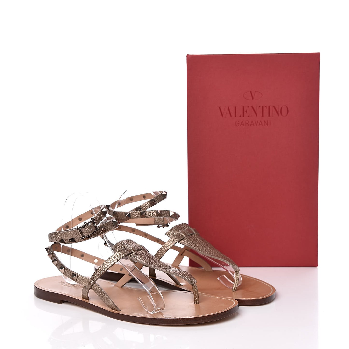 Metallic Pebbled Calfskin Rockstud Ankle Wrap Flat Thong Sandals 41 Skin