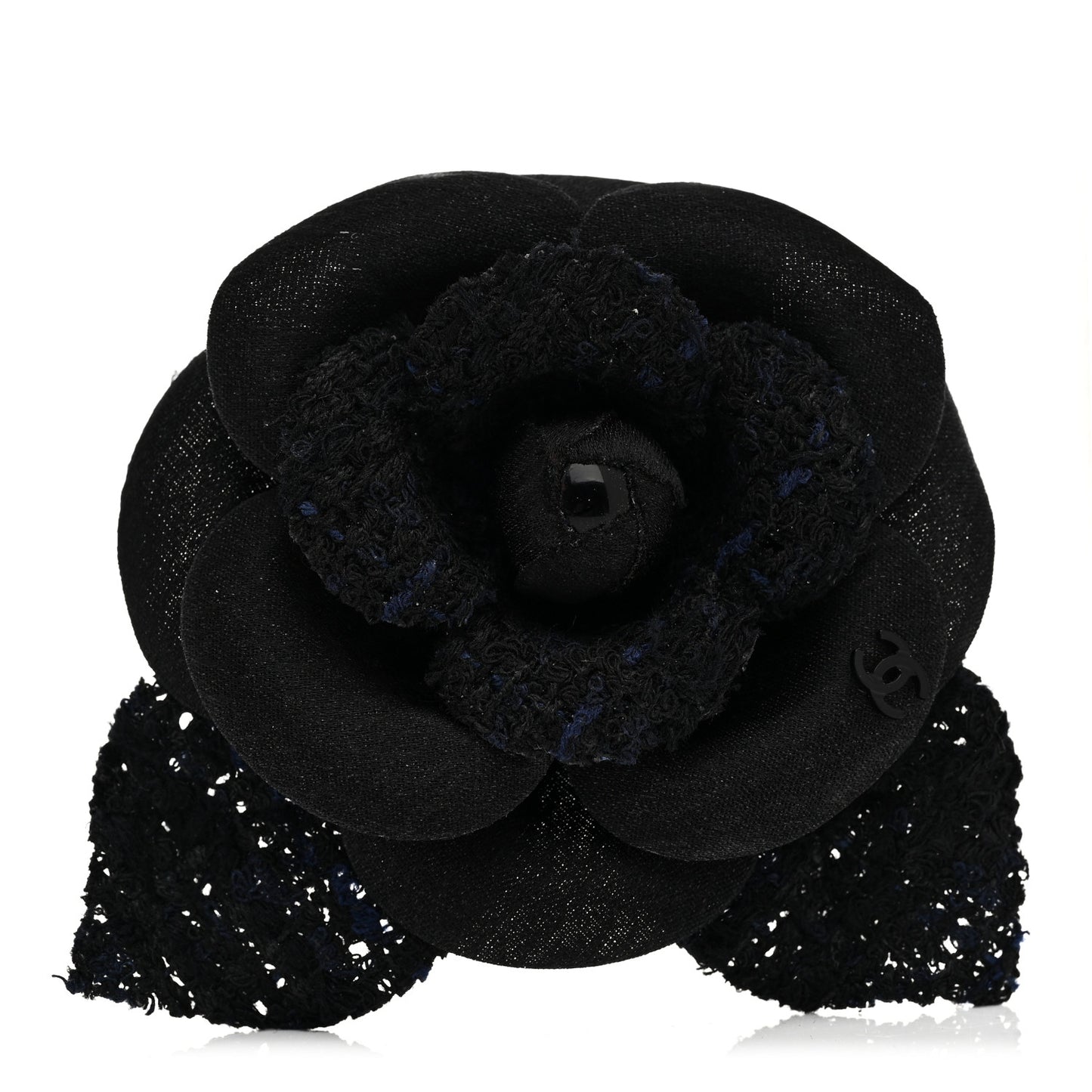 Tweed Fabric Camellia Pin Brooch Navy Blue Black