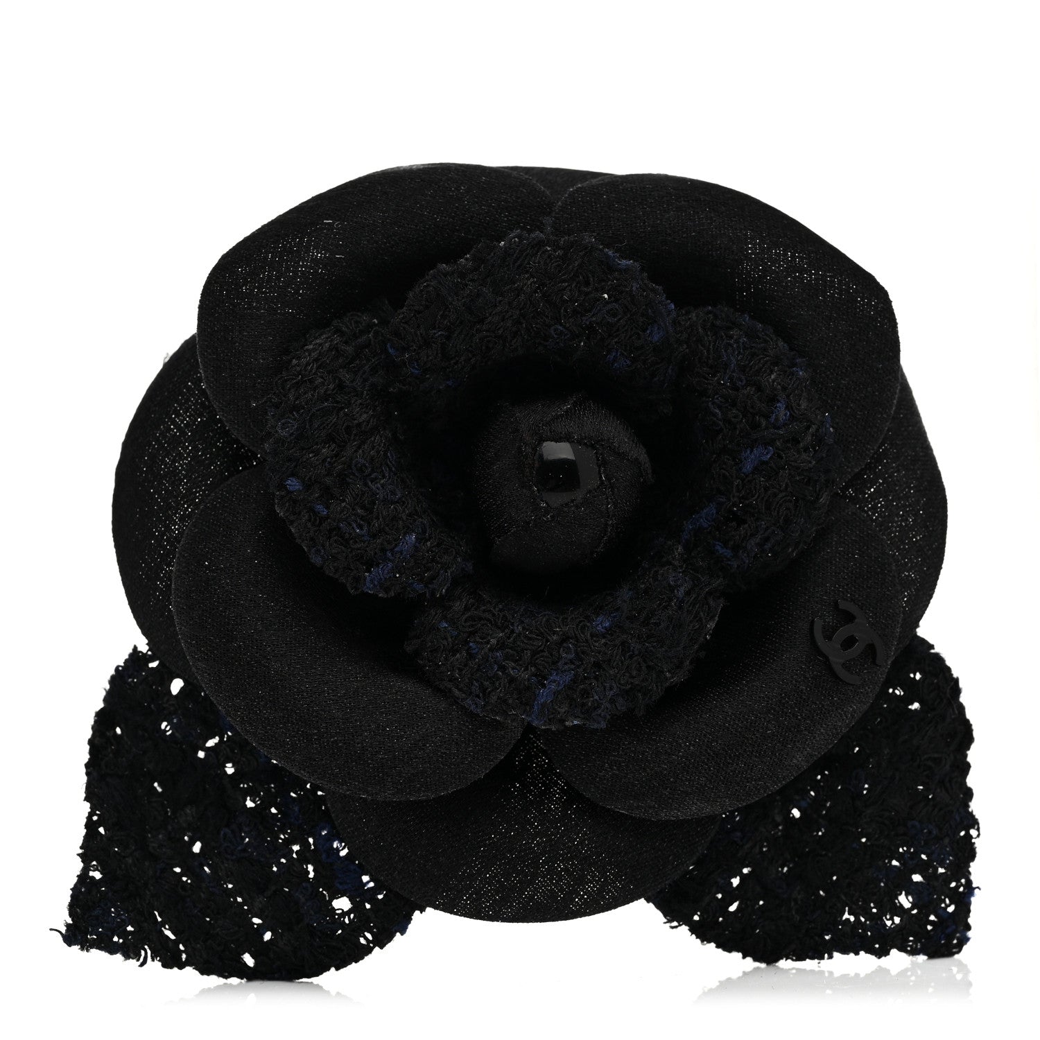 Chanel Tweed Fabric Camellia Pin Brooch Navy Blue Black 1 of 3
